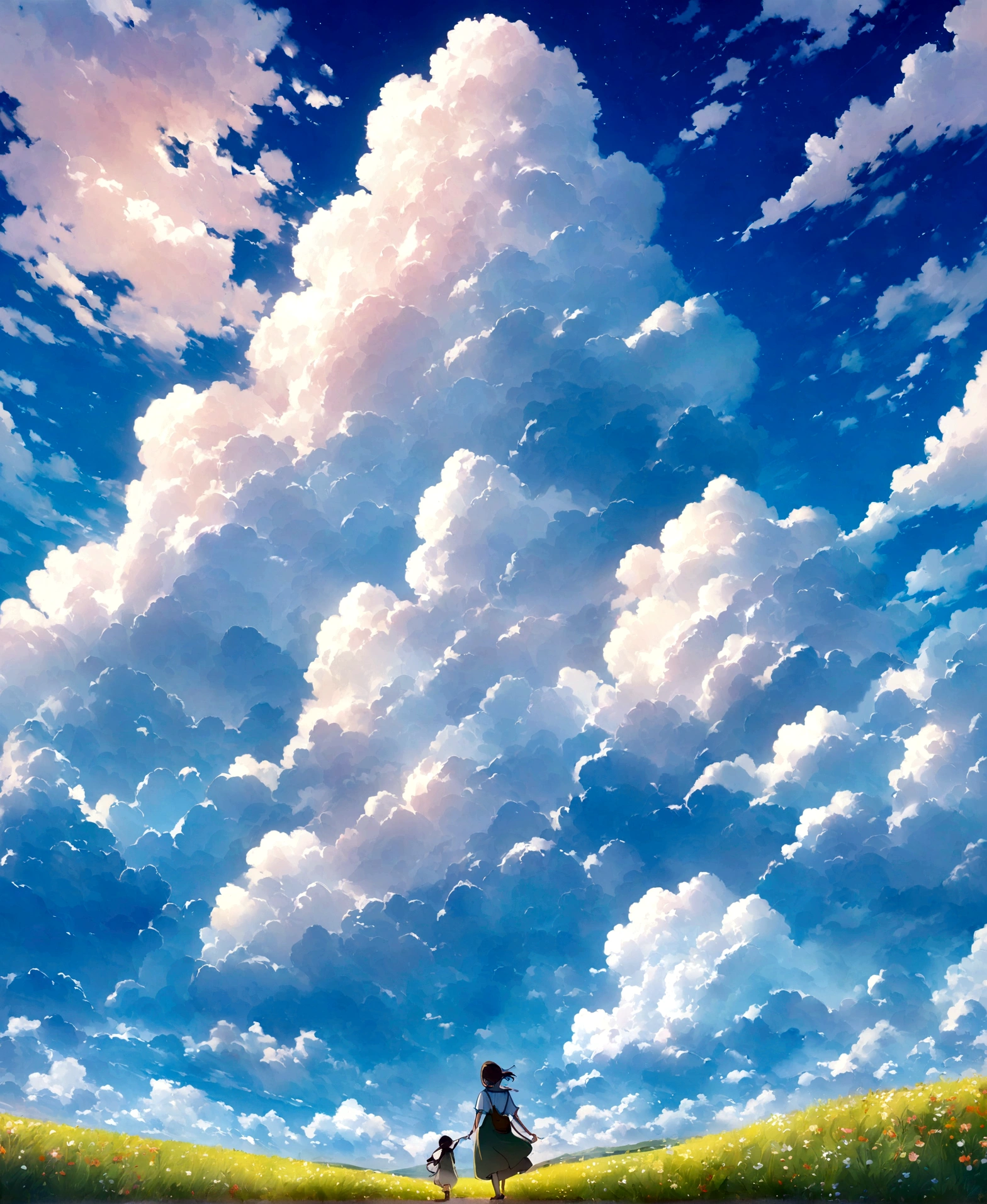 Practical, for real, Beautiful and stunning landscape oil paintings Studio Ghibli Hayao Miyazaki'Petal grassland with blue sky and white clouds