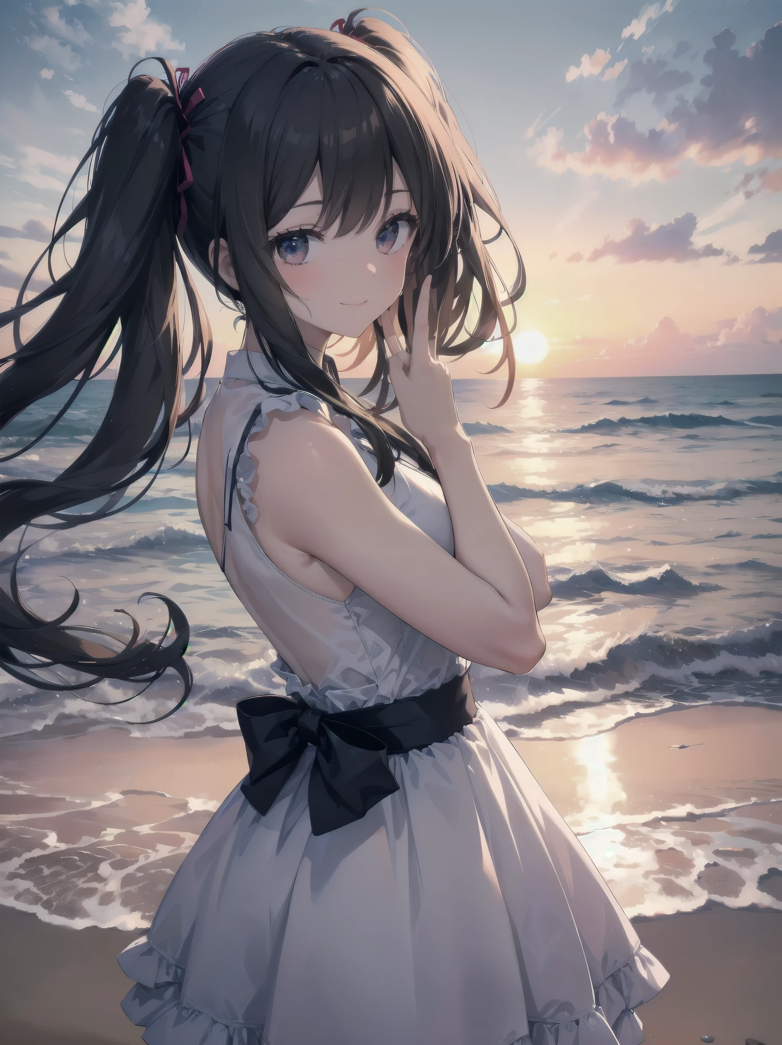 Subject: Cute beautiful girl
Subtitle: {Twintails in long black hair}{White frilly dress}{Peace sign}{Sunset on the beach}{Smile}{High quality camera, f/2.8, 1/250 sec, ISO 100, blurred background effect}
A beautiful girl with long black hair tied in twin-tails stands on a beach at sunset. Her white frilly dress is swaying in the wind, enhancing her elegance. The beautiful girl makes a peace sign and smiles. The orange of the setting sun illuminates her face, making her smile look even prettier. The background clearly shows the expanse of sea and sky, and the whole scene is as beautiful as a scene from a film. The camera was set to a high quality camera with an aperture of f/2.8, a shutter speed of 1/250 sec and ISO 100, and the background was blurred to make the subject stand out.