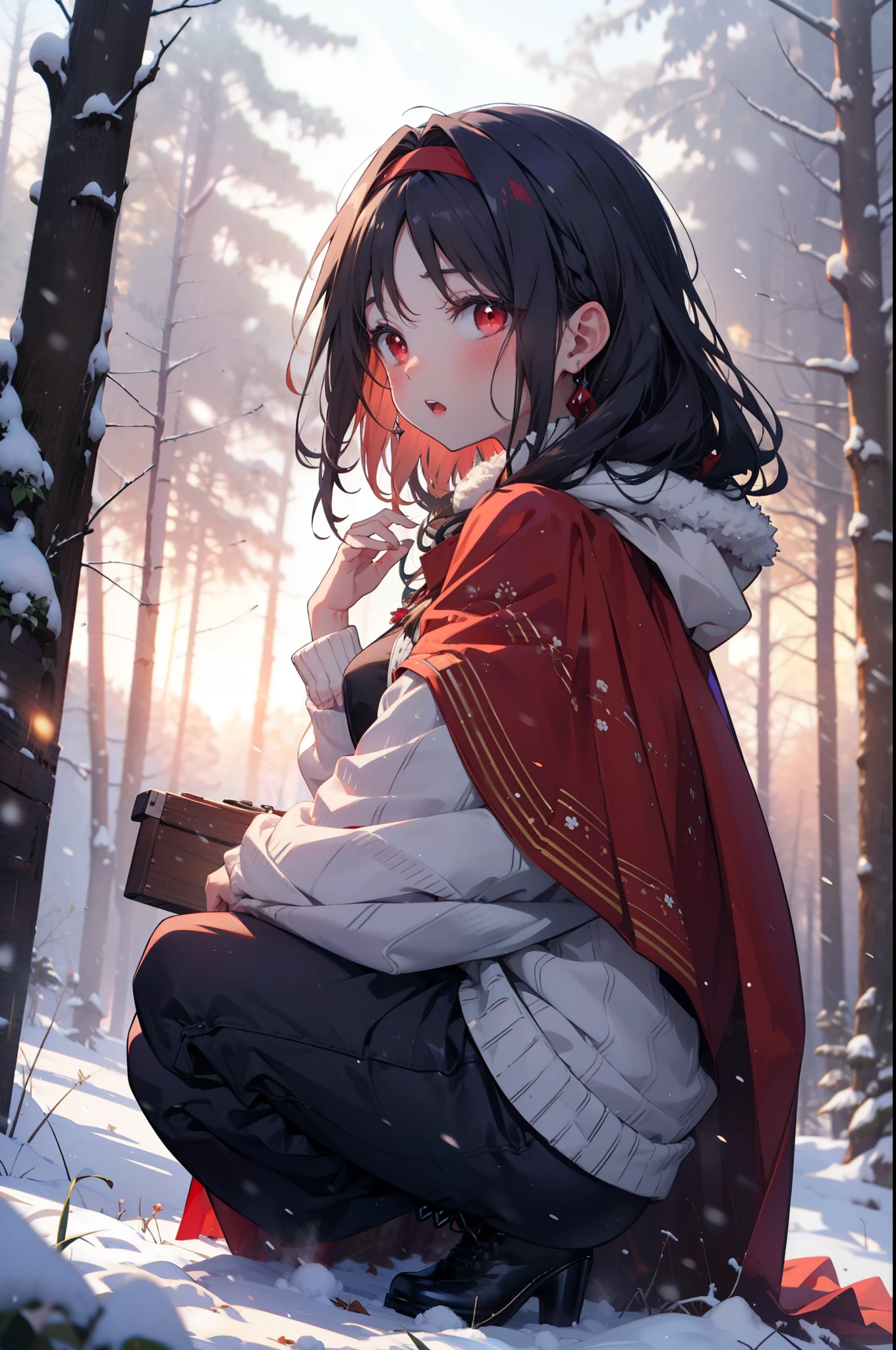 yuukikonno, Yuki Konno, hair band, Long Hair, Pointed Ears, Purple Hair, (Red eyes:1.5), (Small breasts:1.2),blush,White Breath, Open your mouth,snow, Bonfire, Outdoor, boots, snowing, From the side, 地面でBonfireをしている,wood, suitcase, Cape, Blurred, forest,  nature, Brown eyes, , Squat, Mouth closed, ,Cape, winter, Written boundary depth, Black shoes, red Cape
break looking at viewer, Upper Body, whole body,
break Outdoor, forest, nature,
break (masterpiece:1.2), highest quality, High resolution, unity 8k wallpaper, (shape:0.8), (Beautiful and beautiful eyes:1.6), Highly detailed face, Perfect lighting, Extremely detailed CG, (Perfect hands, Perfect Anatomy),
