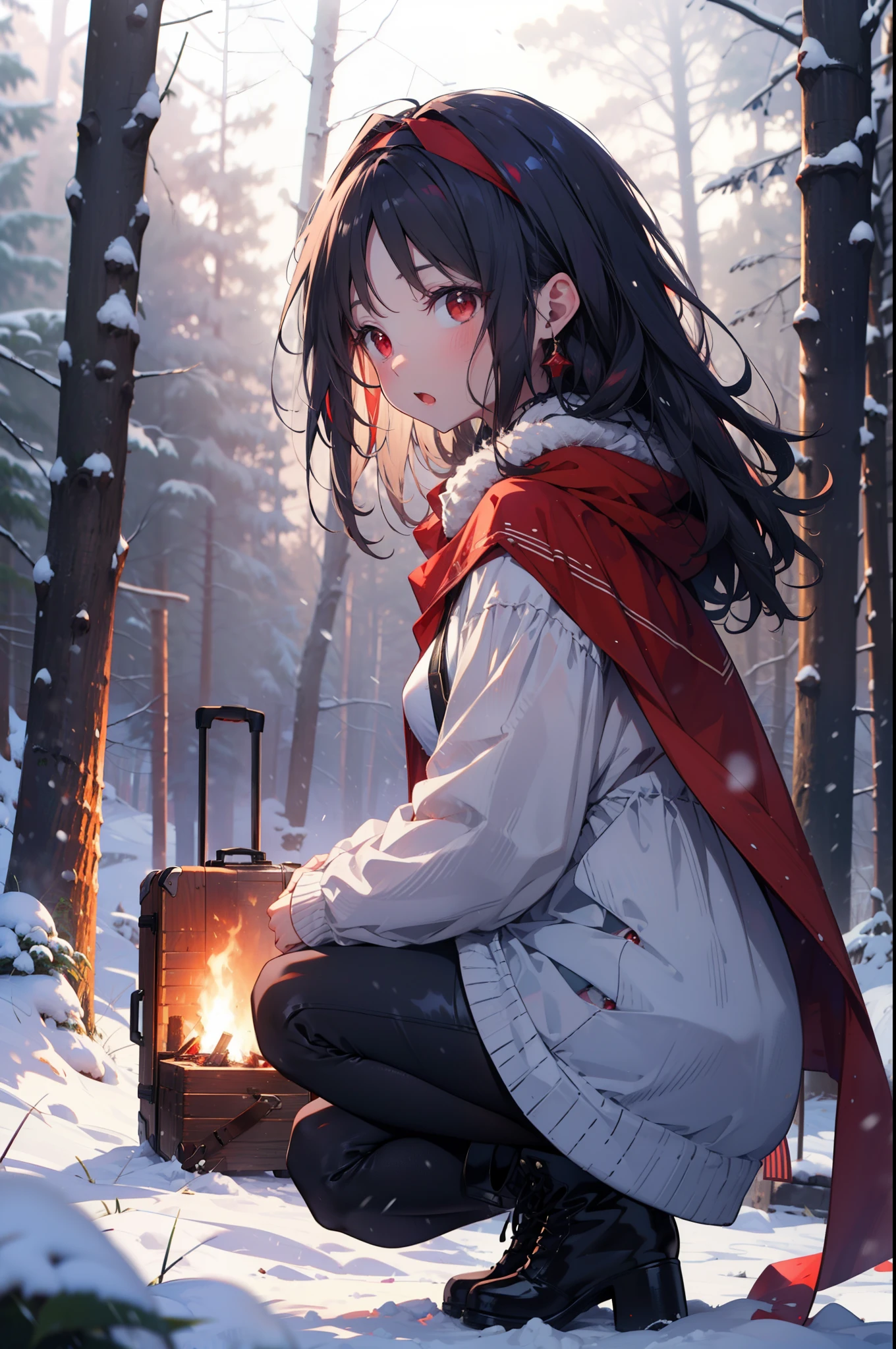 yuukikonno, Yuki Konno, hair band, Long Hair, Pointed Ears, Purple Hair, (Red eyes:1.5), (Small breasts:1.2),blush,White Breath, Open your mouth,snow, Bonfire, Outdoor, boots, snowing, From the side, 地面でBonfireをしている,wood, suitcase, Cape, Blurred, forest, nature, Brown eyes, , Squat, Mouth closed, ,Cape, winter, Written boundary depth, Black shoes, red Cape
break looking at viewer, Upper Body, whole body,
break Outdoor, forest, nature,
break (masterpiece:1.2), highest quality, High resolution, unity 8k wallpaper, (shape:0.8), (Beautiful and beautiful eyes:1.6), Highly detailed face, Perfect lighting, Extremely detailed CG, (Perfect hands, Perfect Anatomy),