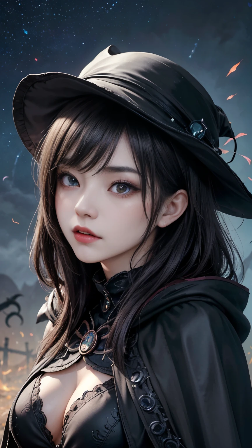 (Fatal Beauty,A fascinating villain,witch) ,(A supple and powerful physique),(Sensual charm),(Mysterious charm:1.1),(Captivating silhouette),(highest quality,High resolution:1.2),(dark,Threatening:1.1),((dark horror theme:1.5),(Thriller:1.5)),(Dark fantasy:1.5), (((Countless stars fly away:1.5),(Absurd:1.5),(wonderful:1.5))),Woman in a Red Dress, (Powerful figures:1.1),(((Big Breasts))),(((Fiery crown:1.1))),prime color,Urban,Very detailed,masterpiece,Intricate details,Faded,Very detailed, Eye for details,Intricate details,Dark and spooky atmosphere, Spiritual Beings, Unforgettably beautiful, Ghostly figures, Shadow-like shape, Spooky whispers, Ominous Aura, Goth Maiden, Very darkHer eyes, Like dazzling fur in a starless haze,Her Mogul Snaps, Mysterious Cemetery,Black hair swaying in the moonlight, She summons darkness, (beautiful: 1.7), (Black Hat: 1.6), (An intricately decorated jet-black cloak: 1.6), (Delicately decorated cloak, although it is damaged: 1.5), Hypermaximalist, Breathtaking oil paintings, Surreal, Ultra-realistic digital illustrations that mimic the style of oil paintings, Seamlessly blending the psychedelic visionary art of Alex Grey with the physio-mechanical aesthetic of HR Giger. Wonderful configuration, (Eyes Shining:1.6)、(Glowing Eyes:1.1),(hellish landscape:1.1),(fire,sulfur:1.1),(Threatening atmosphere:1.1),(dark shadows,Threatening presence:1.1),(Unlucky Clouds,Stormy Skies:1.1),(dark,Spooky atmosphere:1.1),(Aura of misfortune,Evil energy:1.1),(dark aura,cigarette:1.1),(Extreme heat,Burning Flames:1.1),(Nightmare Visions:1.1),(Predicting the end:1.1),(Whispers of misfortune,Devilish laughter:1.1),(Cry of pain,echoing screams:1.1),(Bad luck symbol,Ancient runes:1.1),(Mysterious Relic,dark art ifacts:1.1),(Infernal Ritual,Ritual sacrifice:1.1),(Eternal Ruin,A hopeless existence:1.1), Inspired by the background of the abandoned mecha. Art created by Craig Mullins, Necrostyle., Detailed Description, Futuristic sci-fi scene. Focus on SF concept art, Vivid colors and sha