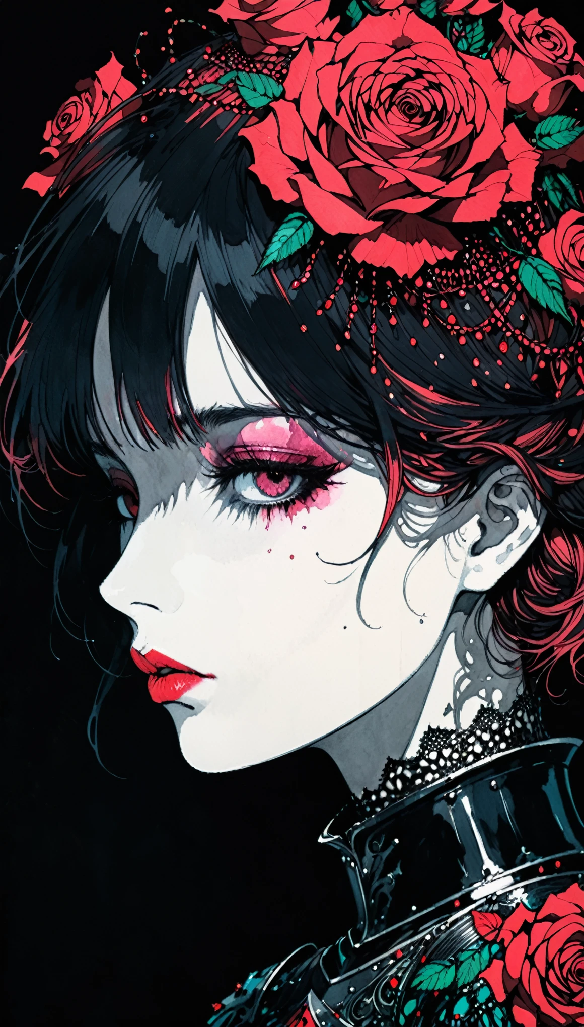 in style of Harry Clarke,
(rose-headed knight:1.6),(rose face:1.2),(rose head:1.3),drawing by Conrad Roset close up,(darkness:1.2),(very detailed shadows:1.2),absolute shadows,absolute darkness,