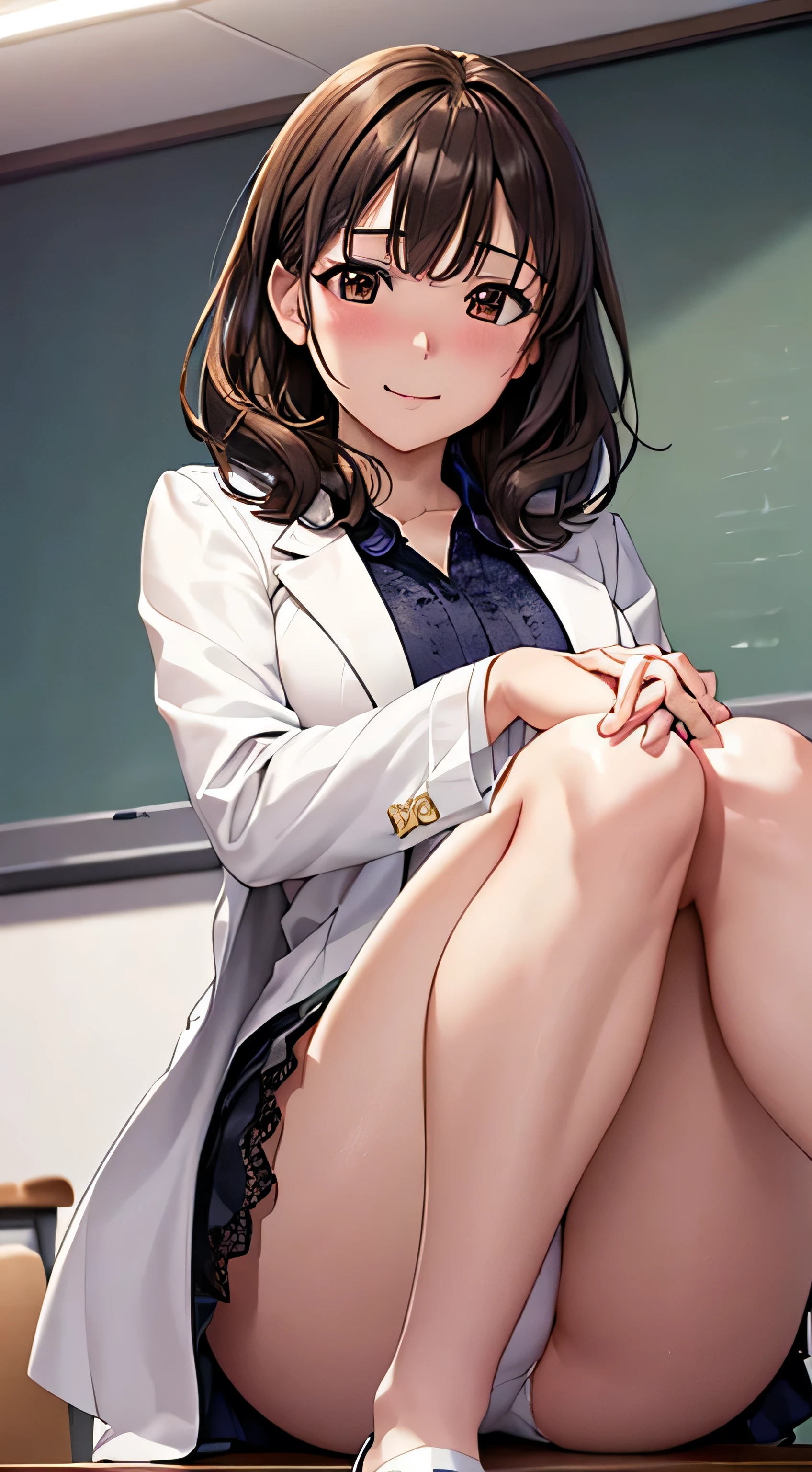 ((Tabletop, highest quality, High resolution, , Pixel Perfect, 4K,))), 1 female teacher, single, alone, beauty、The whole body is visible、 ((Mid-wave hair, bangs, Brown Hair)), ((Brown eyes, Beautiful eyelashes, Realistic eyes)), ((Detailed face, Blushing:1.2)), ((Smooth texture:0.75, Realistic texture:0.65, Realistic:1.1, Anime CG Style)), Center of chest, Dynamic Angle, Perfect body, (( , , Wearing a white coat、Female doctor、、,Bring your arms together、))、、Very embarrassing panic smile, 、black flared skirt、classroom、Sitting on the floor、Get on one knee、、Lifting her skirt to show her panties、、(Showing off her white and pink floral lace panties、)、Angle from below)、