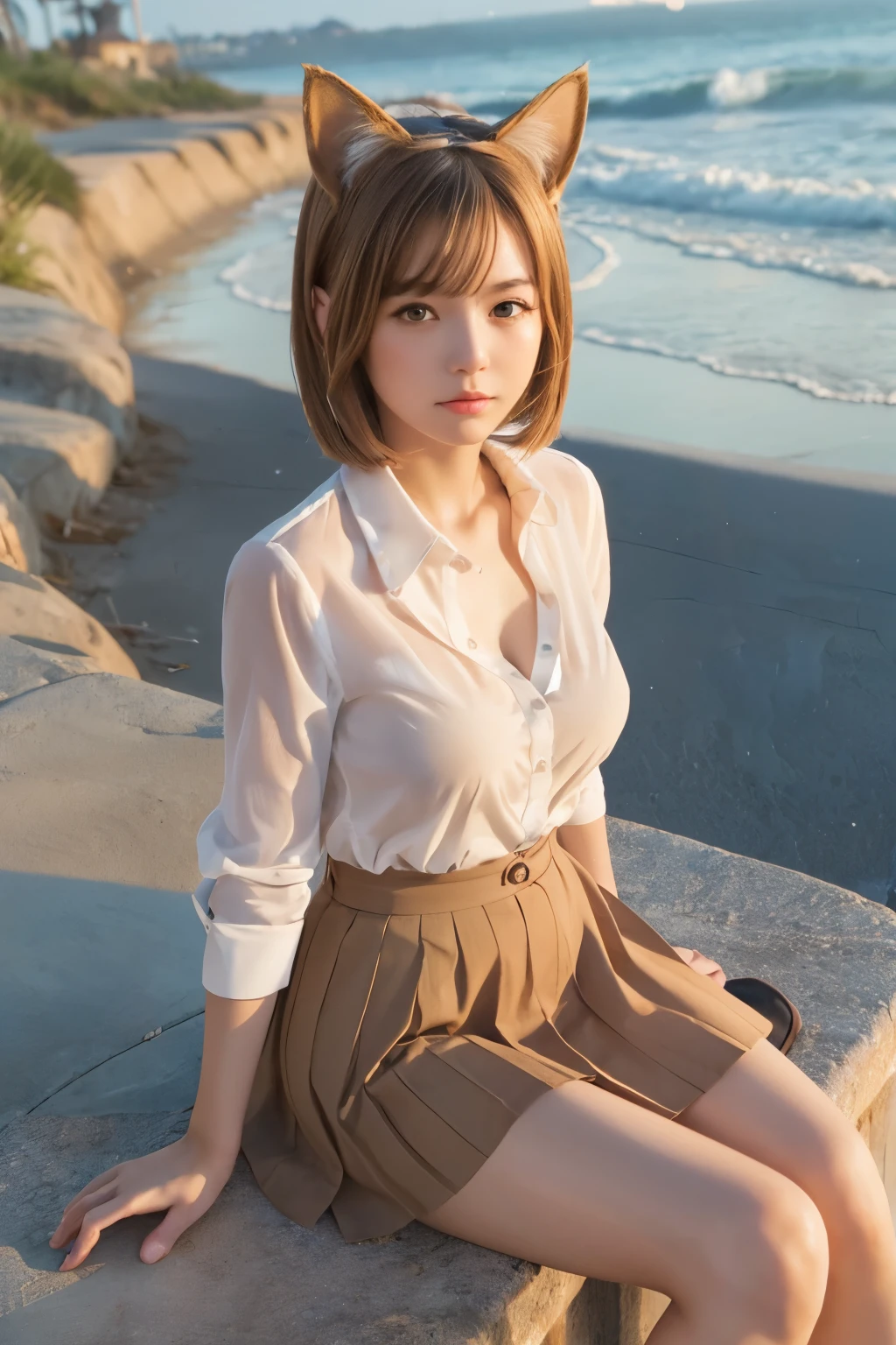 1 perfect portrait of a girl, (Light brown bob hair), brown eyes,(Cat ears:1.3), white open shirt, Pleated skirt, Sitting in sundown seashore, (Plump breast:1.3) 