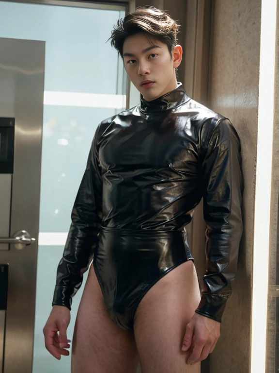 Handsome korean boy ,  full length shot ,  wearing tight leather leotard , high waisted leotard , wide hips ,  wide pelvis , phat hips , sexy , nsfw  , (only boy , only male)