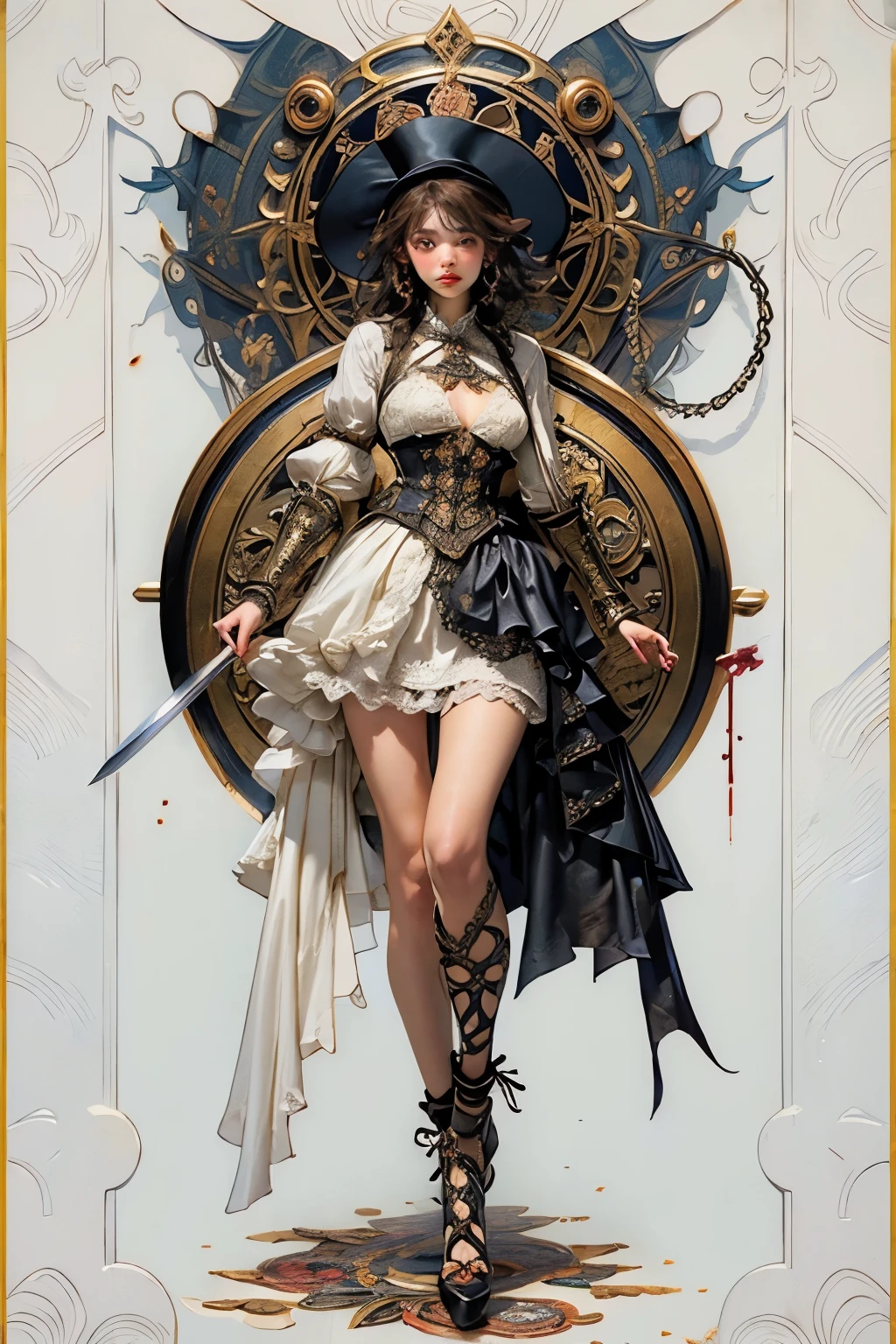((best quality)), ((masterpiece)), (detailed), perfect face ((best quality)), ((masterpiece)), (detailed), blank white background, plain background, white background, Bloodborne inspired, occult aesthetic, occult, detailed and intricate steampunk and detailed gothic, (zentangle, mandala, tangle, entangle), NSFW, a beautiful goddess adorned and enshrined in armour, Bloodborne inspired , occult aesthetic , occult , detailed and intricate steampunk and detailed gothic , wielding a sword and holding a shield, Fluttering lace flared short dress with frilly petticoats, beautiful small breasts, small breasts, full body, whole body, body,