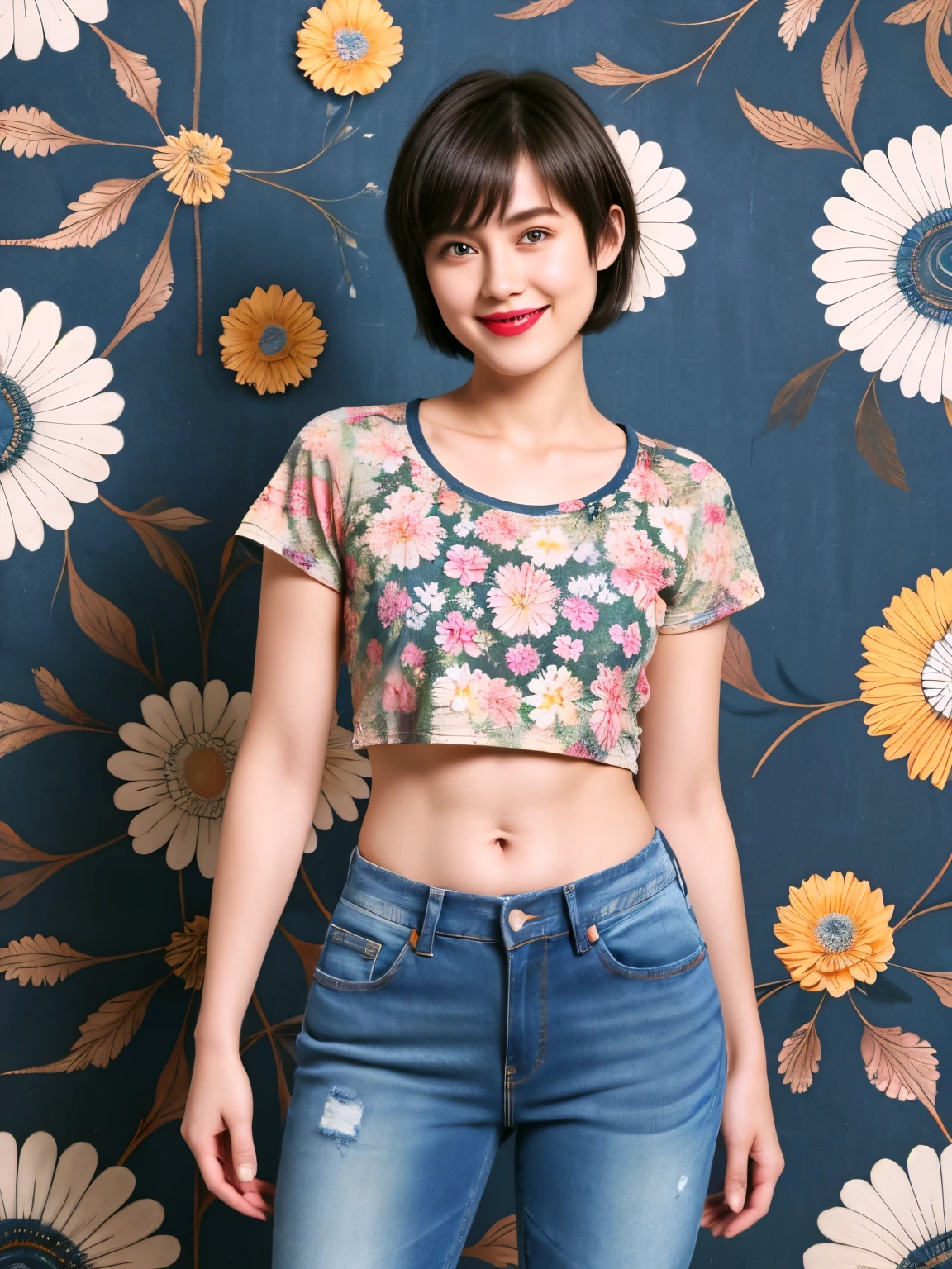 238 18-year-old female, short hair, (Jeans andT-shirt), A kind smile, lipstick, Abdominal muscles, (Floral Background、Fractal Patterns)