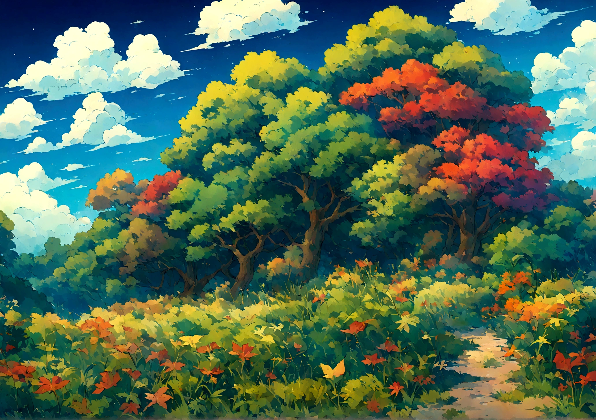 A field full of trees ( Plant shaped like leaves) ( In the form of weeds ) Not an art style, Blue sky and many clouds. windy, and the intense colors of Studio Ghibli style