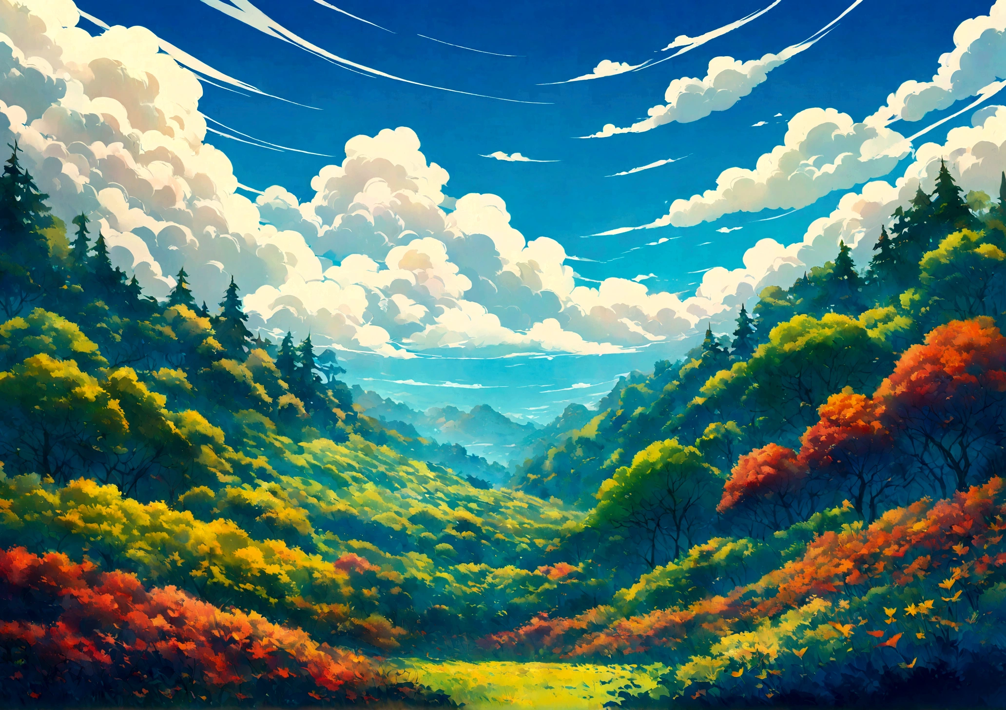 A field full of trees ( Plant shaped like leaves) ( In the form of weeds ) Not an art style, Blue sky and many clouds. windy, and the intense colors of Studio Ghibli style