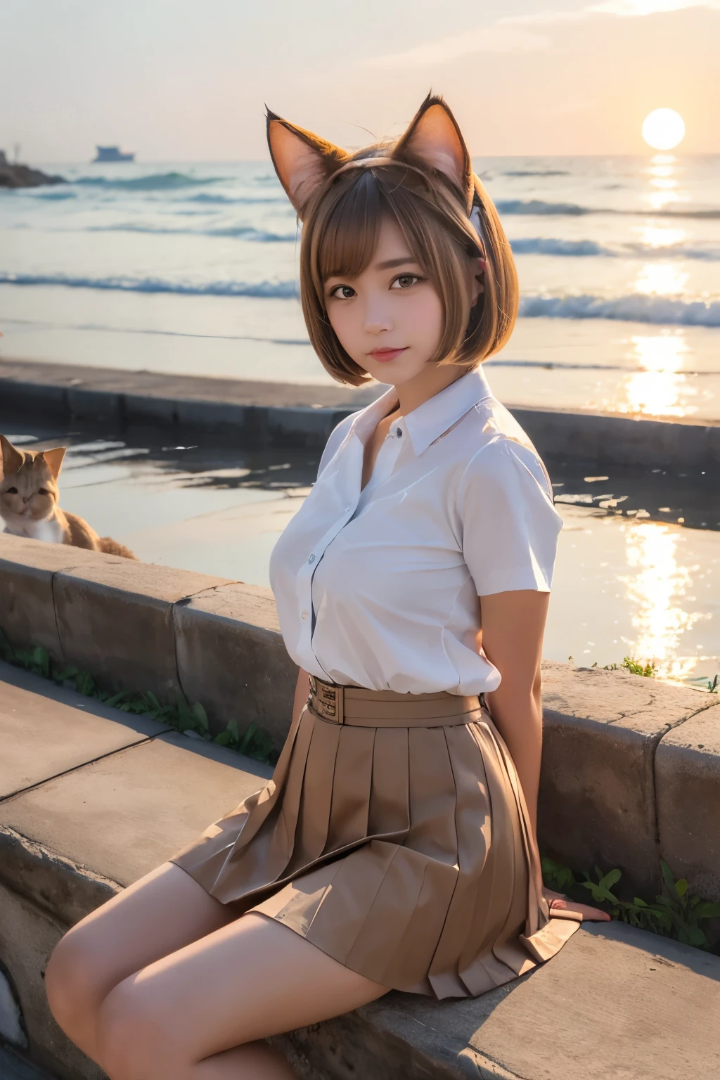 1 perfect portrait of a girl, (Light brown bob hair), brown eyes,(Cat ears:1.3), white open shirt, Pleated skirt, Sitting in sundown seashore, (Plump breast:1.3)