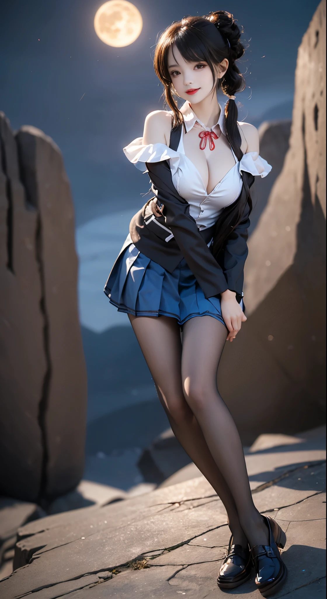 tokisaki kurumi
sobu high
cosplay,
, blazer, collared shirt, neck ribbon, pleated skirt, pantyhose, hair rings, loafers,
hair over one eye, low twintails, ((Bare shoulders)), ((whole body)), Practical, Fashion Girl, red lips, Mature women, cosmetic, big eyes, beautiful eyes, ((whole body)), ((from below)), (best quality, masterpiece:1.2), Super detailed, (Practical:1.37), ((Sexy long legs)), beautiful, Young and energetic, Charming model with, Large Breasts, cleveage, (Delicateeyes, Detailed lips, extremely Delicateeyes), Show a bright smile, Create stunning girl images, warm color, Extremely high color saturation, Official Art, Extremely detailed CG unified 8k wallpaper,(High Dynamic Range :1.4), (Movie),(Soft colors, Dull Color, Soothing tone :1.3), (Natural skin texture, ultra-Practical, Soft Light, sharp),(Very detailed), night, moonlight, ((In the mountains, plant, Leaning against the rocks))