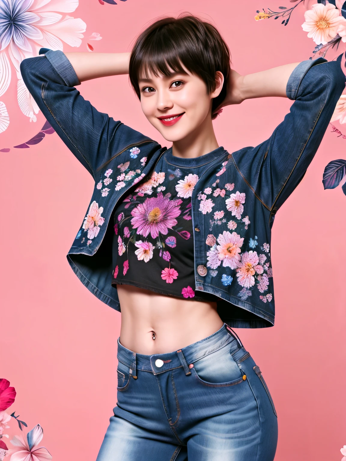 238 18-year-old female, short hair, (Jeans andＴ-shirt), A kind smile, lipstick, Abdominal muscles, (Floral Background、Fractal Patterns)