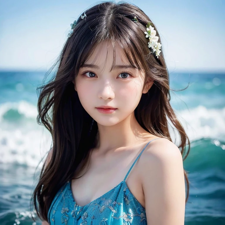 8k、Beautiful  girl,、Detailed face、See-through Camisole Dresses、Chest depth - at sea、Strong winds (highest quality,masterpiece:1.3,Ultra-high resolution),(Very detailed,Caustics,8k),(Realistic:1.4,RAW shooting),Japanese,cute,,(Face Focus:1.1),(Face close-up:1.1),