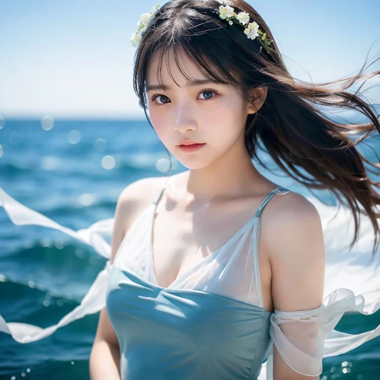 8k、Beautiful 12 year old girl,、Detailed face、See-through Camisole Dresses、Chest depth - at sea、Strong winds (highest quality,masterpiece:1.3,Ultra-high resolution),(Very detailed,Caustics,8k),(Realistic:1.4,RAW shooting),Japanese,cute,,(Face Focus:1.1),(Face close-up:1.1),