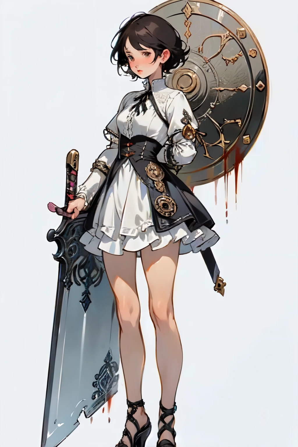 ((best quality)), ((masterpiece)), (detailed), perfect face ((best quality)), ((masterpiece)), (detailed), blank white background, plain background, white background, Bloodborne inspired, occult aesthetic, occult, detailed and intricate steampunk and detailed gothic, (zentangle, mandala, tangle, entangle), NSFW, a beautiful goddess adorned and enshrined in armour, Bloodborne inspired , occult aesthetic , occult , detailed and intricate steampunk and detailed gothic , wielding a sword and holding a shield, Fluttering lace flared short dress with frilly petticoats, beautiful small breasts, small breasts, full body, whole body, body,