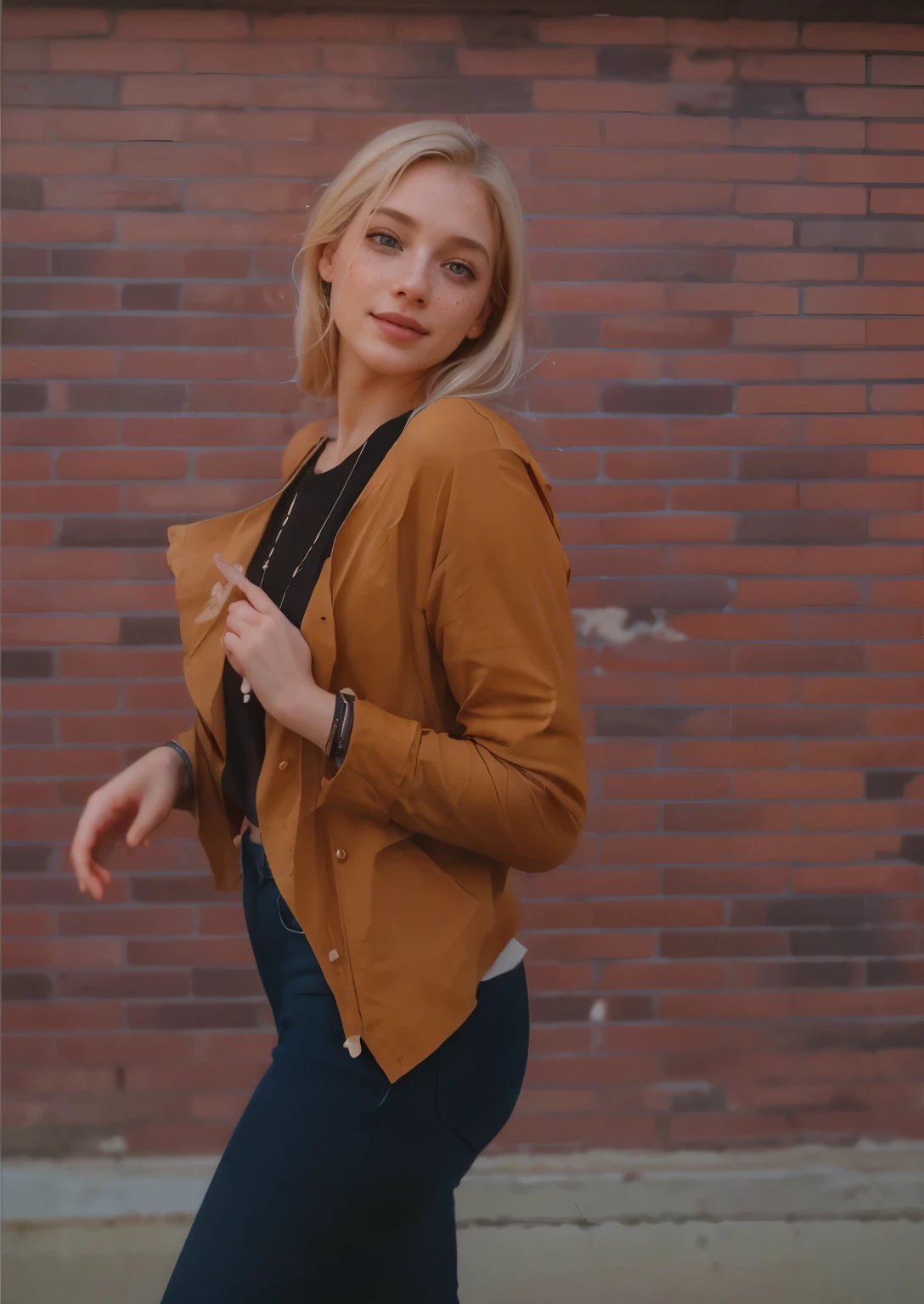 uma mulher, americana, 25 anos, pale skin and freckles, olhos cinzas, nariz delicado, soft and delicate lips, longo, cabelo blondie longo e ondulado na altura da cintura, sorriso meigo, face with delicate feminine facial features, altamente renderizado