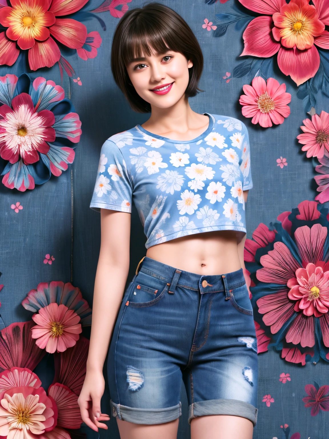 238 18-year-old female, short hair, (Jeans andＴ-shirt), A kind smile, lipstick, Abdominal muscles, (Floral Background、Fractal Patterns)