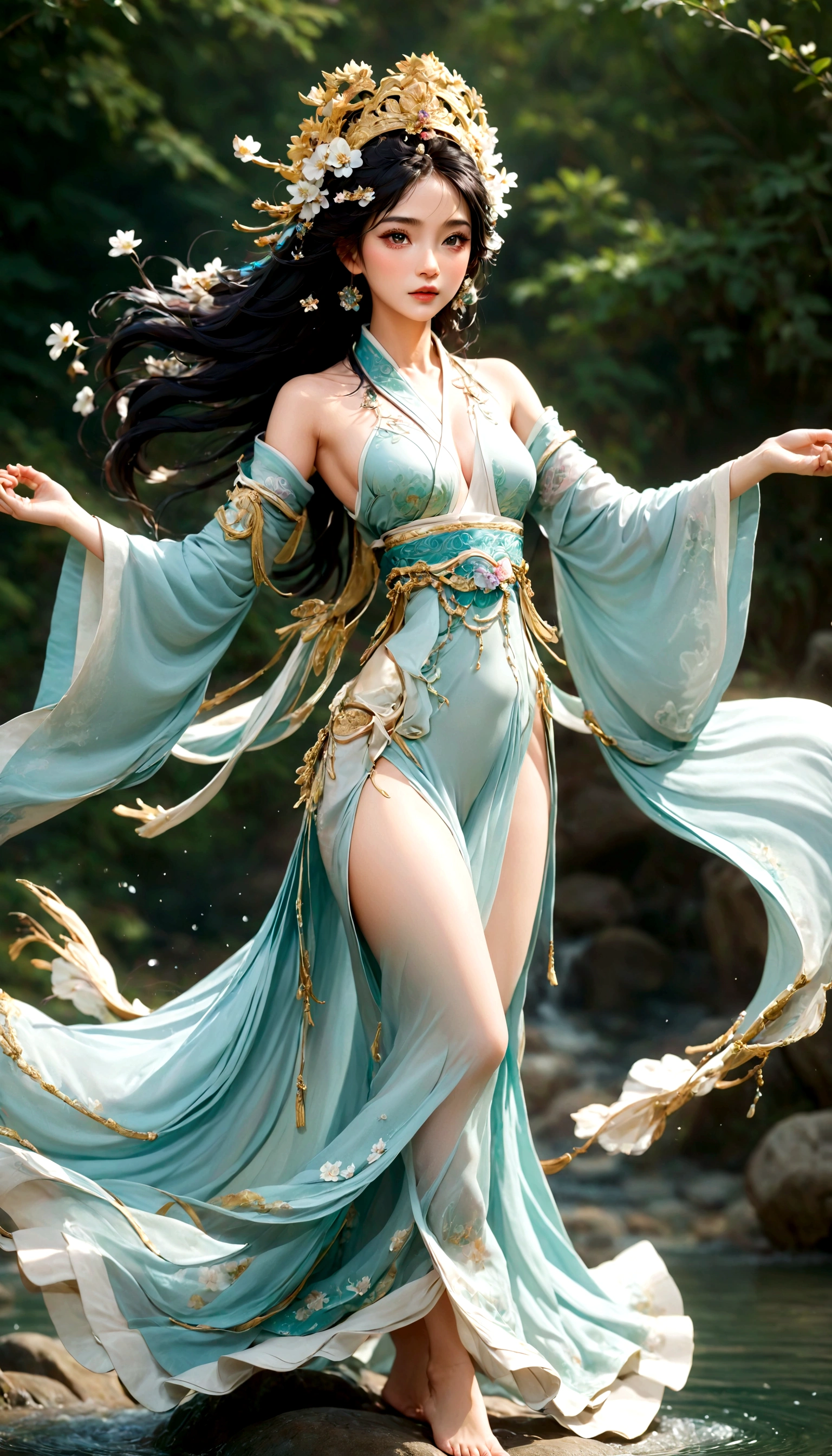 (full body photography)(((masterpiece))), Best quality, Illustration, Beautiful details, the goddess of water dancing gracefully in the water dressed in a goddess-worthy clothing with matching headdress and jewelry. turquoise-green water, waves beat high whipped up into beautiful shapes that flow , asian beauty, delicate face , extremely long black-indigo hair with headdress in hanfu style with flowers, mythologie, shinto, hanfu, komplette figur im bild, nachtszene, vollmond, 
