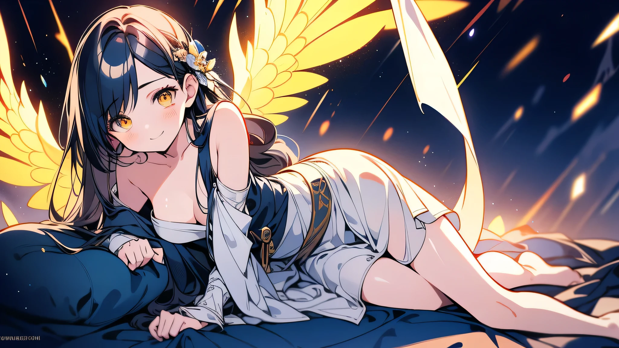 Solo, an alone mature girl with long blue and yellow eyes sitting on the bed and spread leg , night, High detail mature face, tie hair on the left side, golden eyes, bare leg, bare shoulder, white noble priest dress, high res, ultra sharp, 8k, masterpiece, smiling, fantasy world, magical radiance background ((Best quality)), ((masterpiece)), 3D, HDR (High Dynamic Range),Ray Tracing, NVIDIA RTX, Super-Resolution, Unreal 5,Subsurface scattering, PBR Texturing, Post-processing, Anisotropic Filtering, Depth-of-field, Maximum clarity and sharpness, Multi-layered textures, Albedo and Specular maps, Surface shading, Accurate simulation of light-material interaction, Perfect proportions, Octane Render, Two-tone lighting, Wide aperture, Low ISO, White balance, Rule of thirds,8K RAW, Aura, masterpiece, best quality, Mysterious expression, magical effects like sparkles or energy, flowing robes or enchanting attire, mechanic creatures or mystical background, rim lighting, side lighting, cinematic light, ultra high res, 8k uhd, film grain, best shadow, delicate, RAW, light particles, detailed skin texture, detailed cloth texture, beautiful face, 
(masterpiece), best quality, expressive eyes, perfect face,