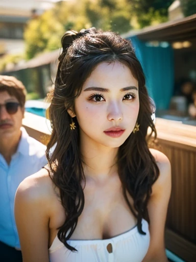 girls and boys, ((highest quality)), ((8K)), ((masterpiece:1.3)), (be familiar with), ((cinema quality)), (daytime outdoors), (party by the pool), (large number of party guests), (Bright throughout with strong natural light), perfect face, ((Japanese woman being approached by a man by the pool)), (I&#39;m dimly lit), ((57 years old)), ((red silk party dress)), (Laughter wrinkles on the face), (wrinkles at the corners of the eyes), (Tear bag on lower eyelid), (Semi-long hair curled inwards), (natural movement hair), ((standing woman)), (gorgeous necklace), (Slender), small breasts, (Long breasts), (Look up diagonally to the left), ((A man diagonally in front of my left)), (back view of man), 