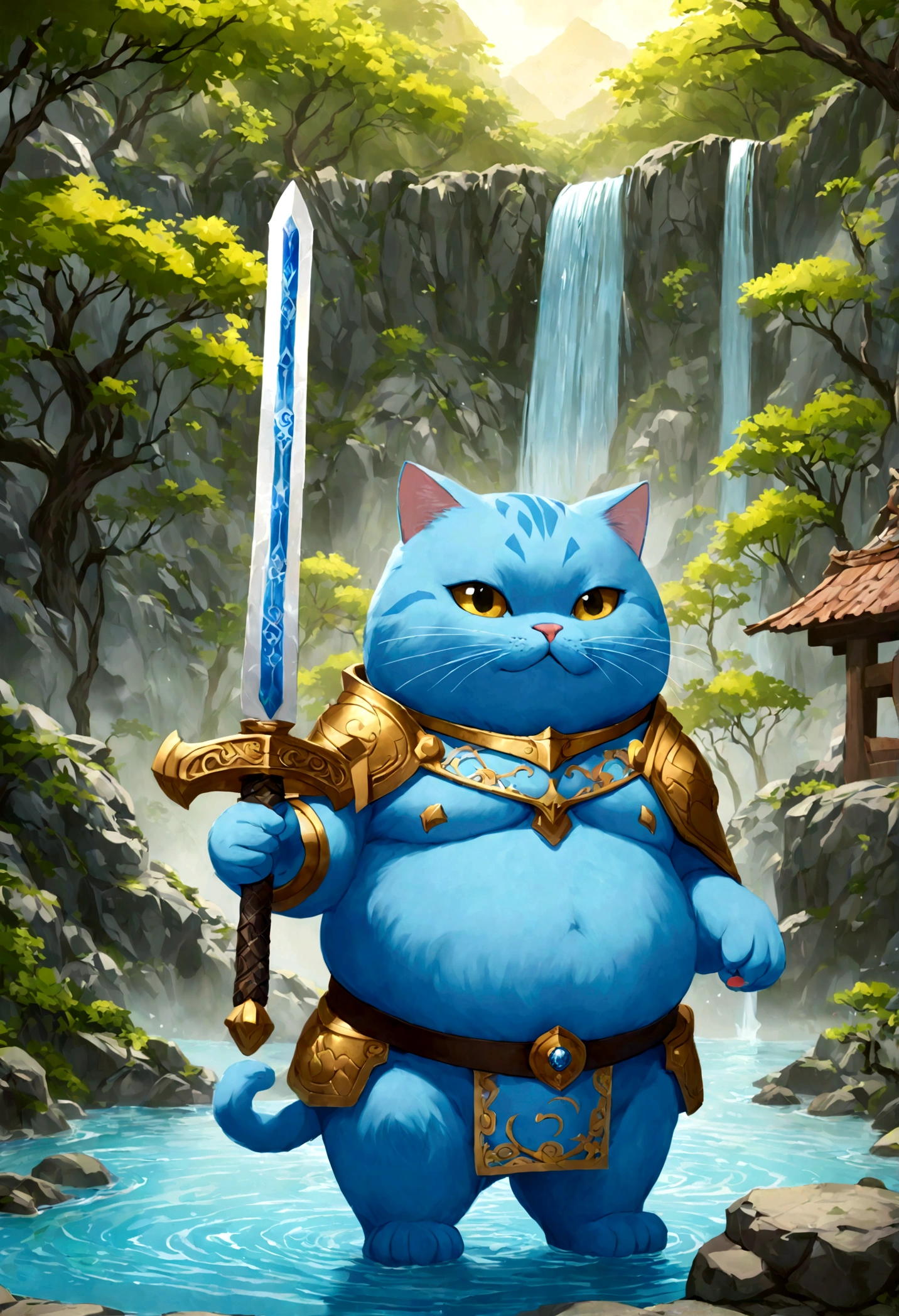 cute adorable fatty blue cat, Paladin with sword, hot spring, write word "UNC" on forehead, adorable digital painting, matte fantasy painting, beautiful digital art