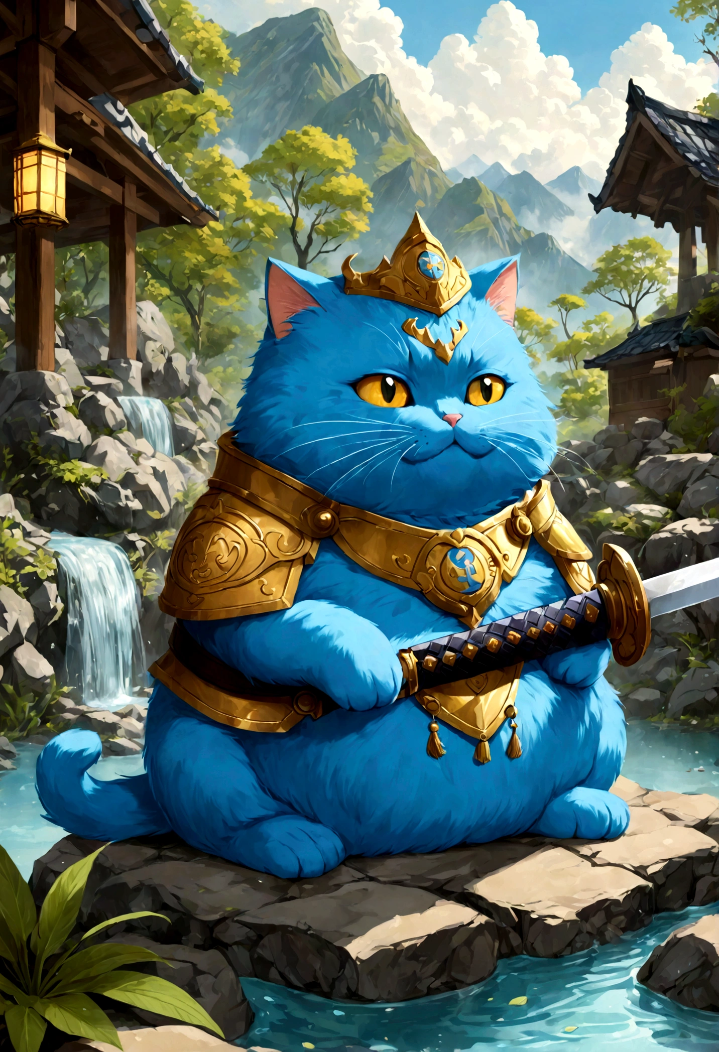 cute adorable fatty blue cat, Paladin with sword, hot spring, write word "UNC" on forehead, adorable digital painting, matte fantasy painting, beautiful digital art