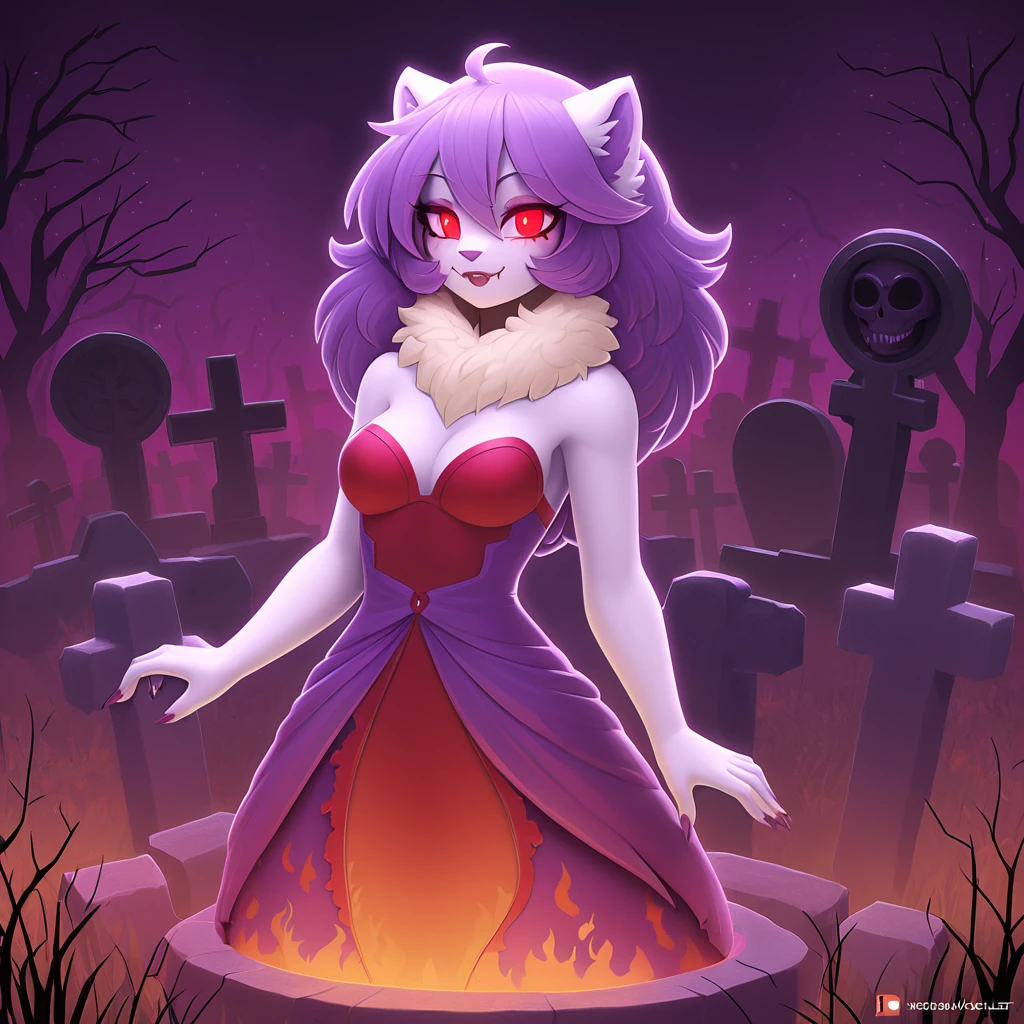 honey badger monster girl with red eyes  Purple and cream under fur with ghostly red and violet flames wreathing their neck wearing a ghostly violet and red dress in a graveyard