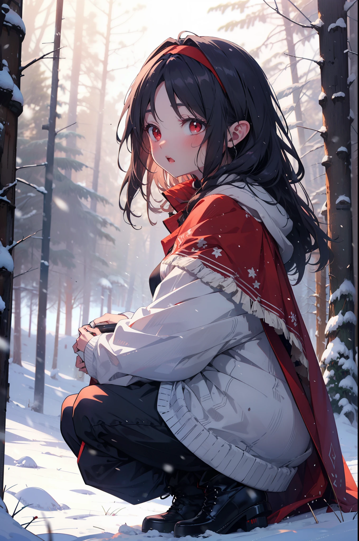 yuukikonno, Yuki Konno, hair band, Long Hair, Pointed Ears, Purple Hair, (Red eyes:1.5), (Small breasts:1.2),blush,White Breath, Open your mouth,snow, Bonfire, Outdoor, boots, snowing, From the side, 地面でBonfireをしている,wood, suitcase, Cape, Blurred, forest,  nature, Brown eyes, , Squat, Mouth closed, ,Cape, winter, Written boundary depth, Black shoes, red Cape
break looking at viewer, Upper Body, whole body,
break Outdoor, forest, nature,
break (masterpiece:1.2), highest quality, High resolution, unity 8k wallpaper, (shape:0.8), (Beautiful and beautiful eyes:1.6), Highly detailed face, Perfect lighting, Extremely detailed CG, (Perfect hands, Perfect Anatomy),