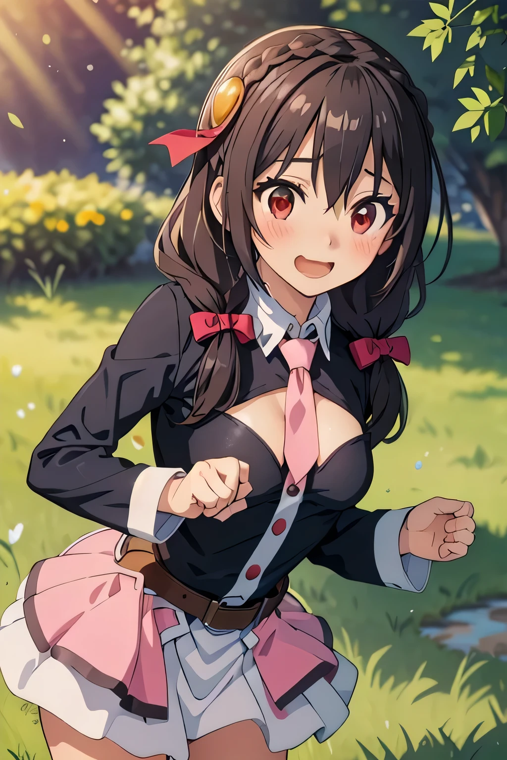 (masterpiece, highest quality), One girl, Yunyun,Long Hair,Braiding,Twin tails,Hair between the eyes,Hair Ribbon,hair ornaments,A little large chest Pink skirt、Red Eyes、Happy face、grass、blush、、Crown Blade,Black Shirt, Long sleeve,Pink tie, belt, Cleavage cutout、cowboy shot、applause
