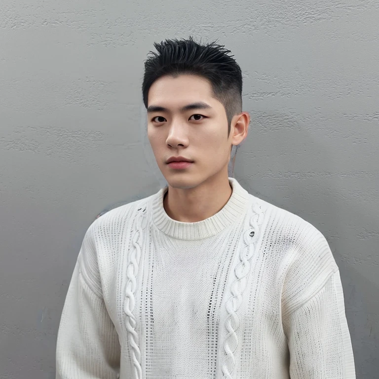 Best Quality, 8k, Masterpiece, (Portrait: 1.3), (photo realistic:1.4), (hyper realistic:1.4), Sharp Focus, looking at viewer, (smoother lighting:1.1), (increase cinematic lighting quality:0.9), realistic lighting, backlighting, light on face, ray trace, (brightening light:1.2), (Increase quality:1.4), sharp detail, (best quality real texture skin:1.4), finely detailed eyes, black_eyes, finely detailed face, 25 year old Korean man, (sweater), (Create an image maintaining the original base model hairstyle:1.5)