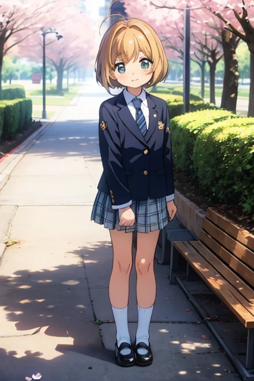 masterpiece, highest quality, High resolution,kawaii, anime, Cute,Cherry blossom park,1 boy dressed as a woman, Age is 8 ,Are standing,short bob hair,chestnut hair,navy blazer with trim,Plaid tie,plaid skirt,wearing socks,Wearing school-designated pumps,happy expression,soft atmosphere, Solid depiction of shadows, Light production, Have a positive vibe, Finish with warm shades,The left and right legs are the same length,2 legs,5 fingers on hand,full body portrait,Beautiful background,looking at the camera