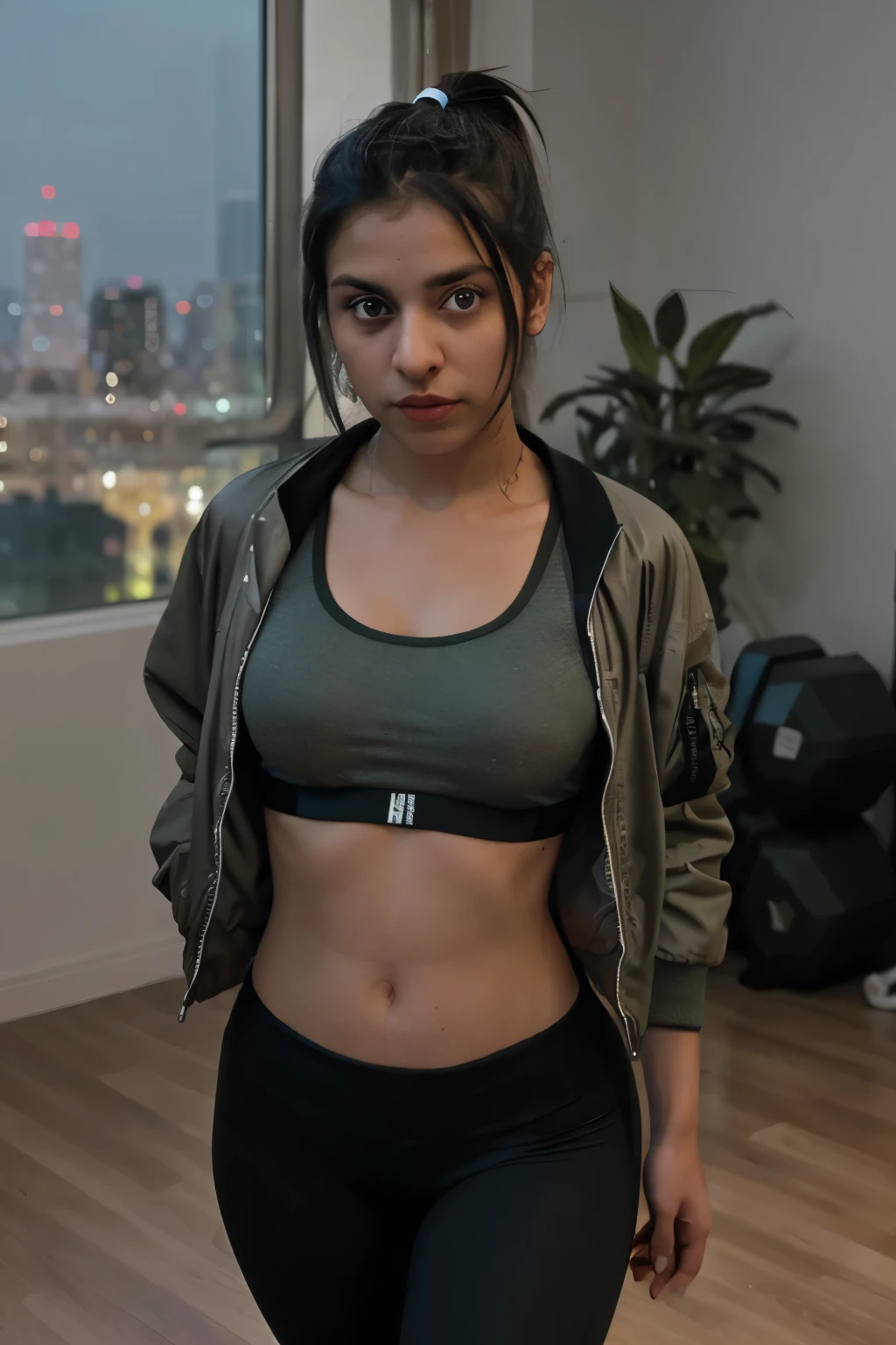 Background: Modern, high-rise apartment overlooking a vibrant cityscape, with floor-to-ceiling windows showcasing the city lights at dusk.
Foreground: Isha Patel, a stunning young Indian woman with rich, olive skin and captivating dark eyes. Her dark hair is styled in a chic ponytail with a few loose strands framing her face. Isha is mid-workout, holding a pair of dumbbells with confidence and determination. She's wearing a high-performance sports bra and leggings in a stylish color combination, with a trendy bomber jacket hanging loosely around her shoulders.
Expression: A focused and determined expression with a hint of playfulness in her eyes.