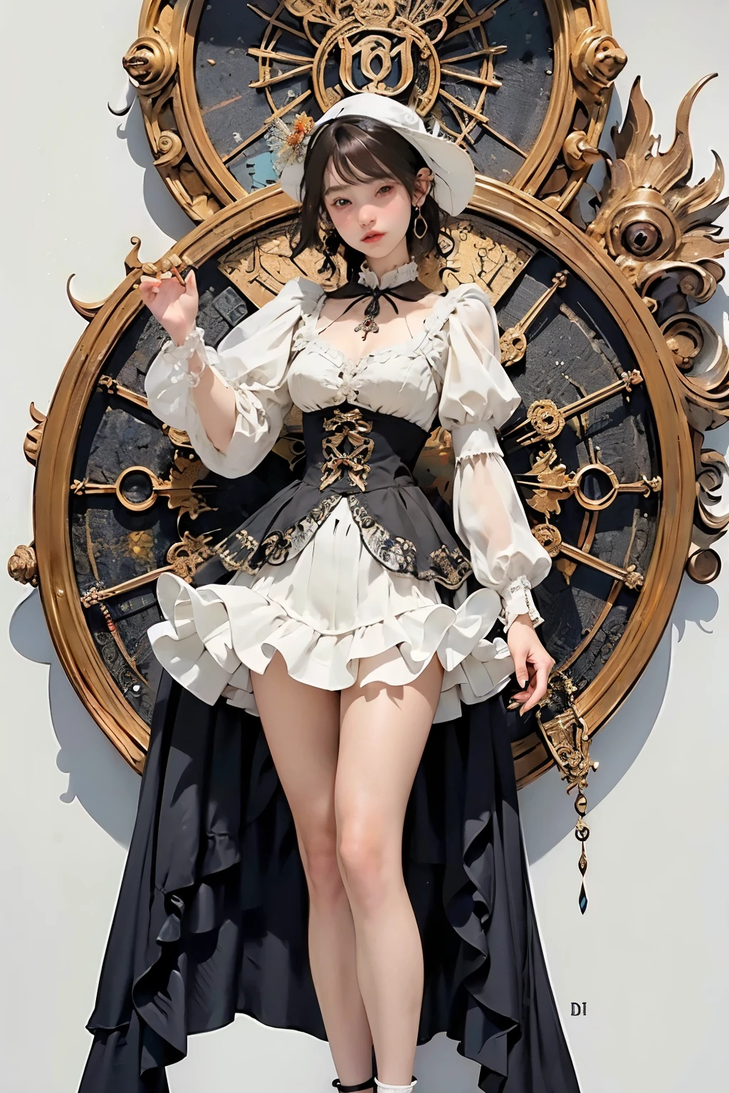 ((best quality)), ((masterpiece)), (detailed), perfect face ((best quality)), ((masterpiece)), (detailed), blank white background, plain background, white background, Bloodborne inspired, occult aesthetic, occult, detailed and intricate steampunk and detailed gothic, (zentangle, mandala, tangle, entangle), NSFW, a beautiful goddess adorned and enshrined in armour, Bloodborne inspired , occult aesthetic , occult , detailed and intricate steampunk and detailed gothic , wielding a sword and holding a shield, Fluttering lace flared short dress with frilly petticoats, beautiful small breasts, small breasts, full body, whole body, body,