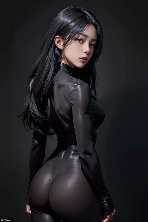 Skin-tight black bodysuit、Back view、 Volumetric lighting、Highly detailed face、One girl、Exposed thighs、Exposed buttocks、(Small breasts)、、dark、Deep Shadow、Low Key、Hair length、Gray Hair、
