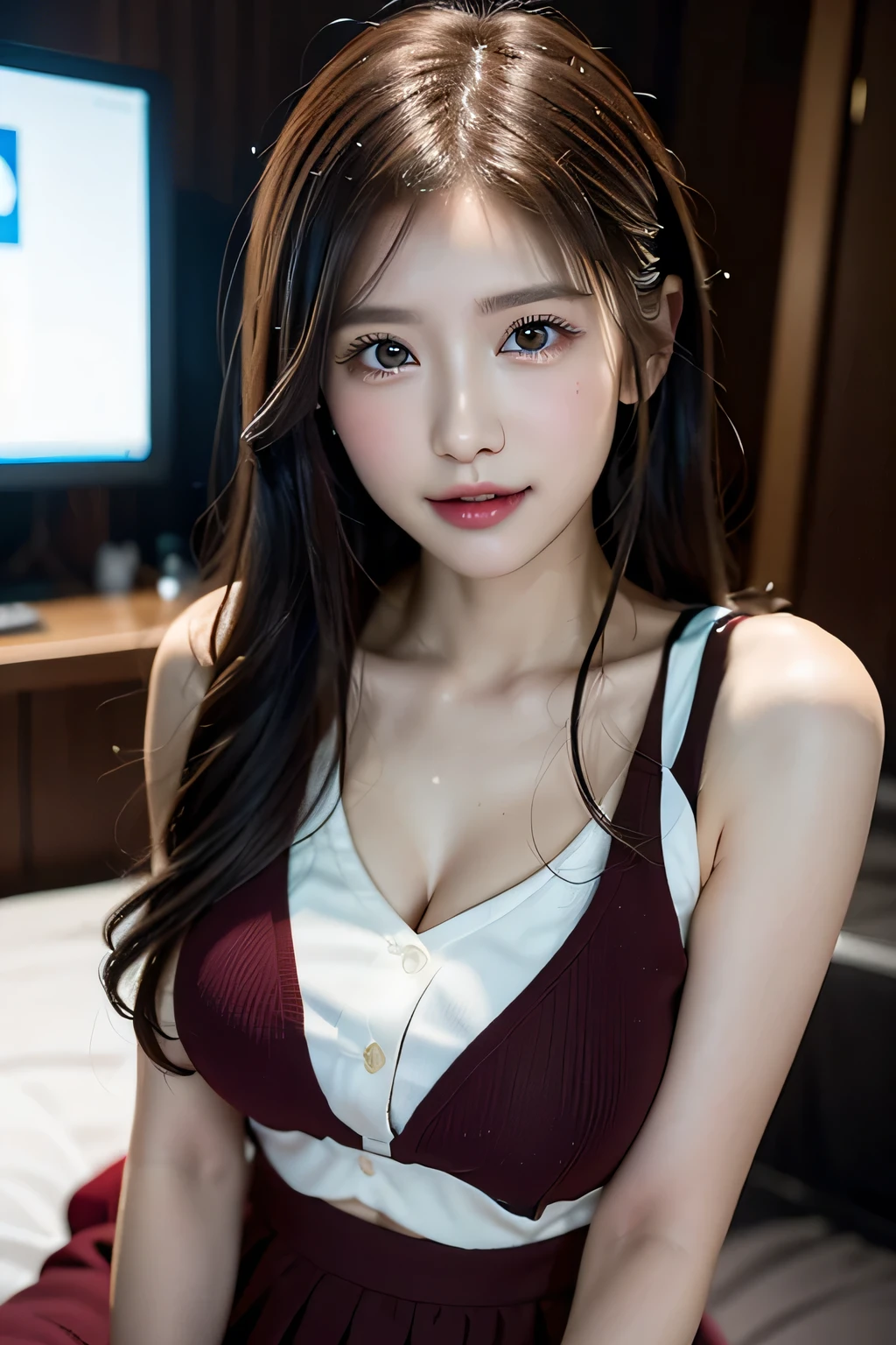 Beautiful fine details, (suit:1.3), (Natural Lip), Natural Hair, Natural Makeup,Office Room,Skirt with exposed skin、(Reddish brown wet shiny hair)、(Floral braided headband、Half Up、Floral,),(Space braids、Voluminous fishtail braids、Twisted pan、)、(The bangs are see-through)、hairpin、hair ornaments、cheeks turn red、Pointy red mouth、Large Breasts、Perfect body curves、Beautiful clavicle、Wet Hair、Wet Face、Wet body、Wet Skin、Wet costume、Detailed clothing features、Detailed hair features、Detailed facial features、looking at the camera、(Dynamic Angle)、(Dynamic and sexy pose) )、Cinema Light、(masterpiece、highest quality、Ultra-high resolution output images、Write boundary depth、Intricate details、Adding dimension to your subject with the contrast of light and shadow、)、Digital illustration、Single-lens reflex camera、(Photorealistic:1.3)、(8K quality、Anatomically correct facial structure、)、(Picture Mode Ultra HD、)
