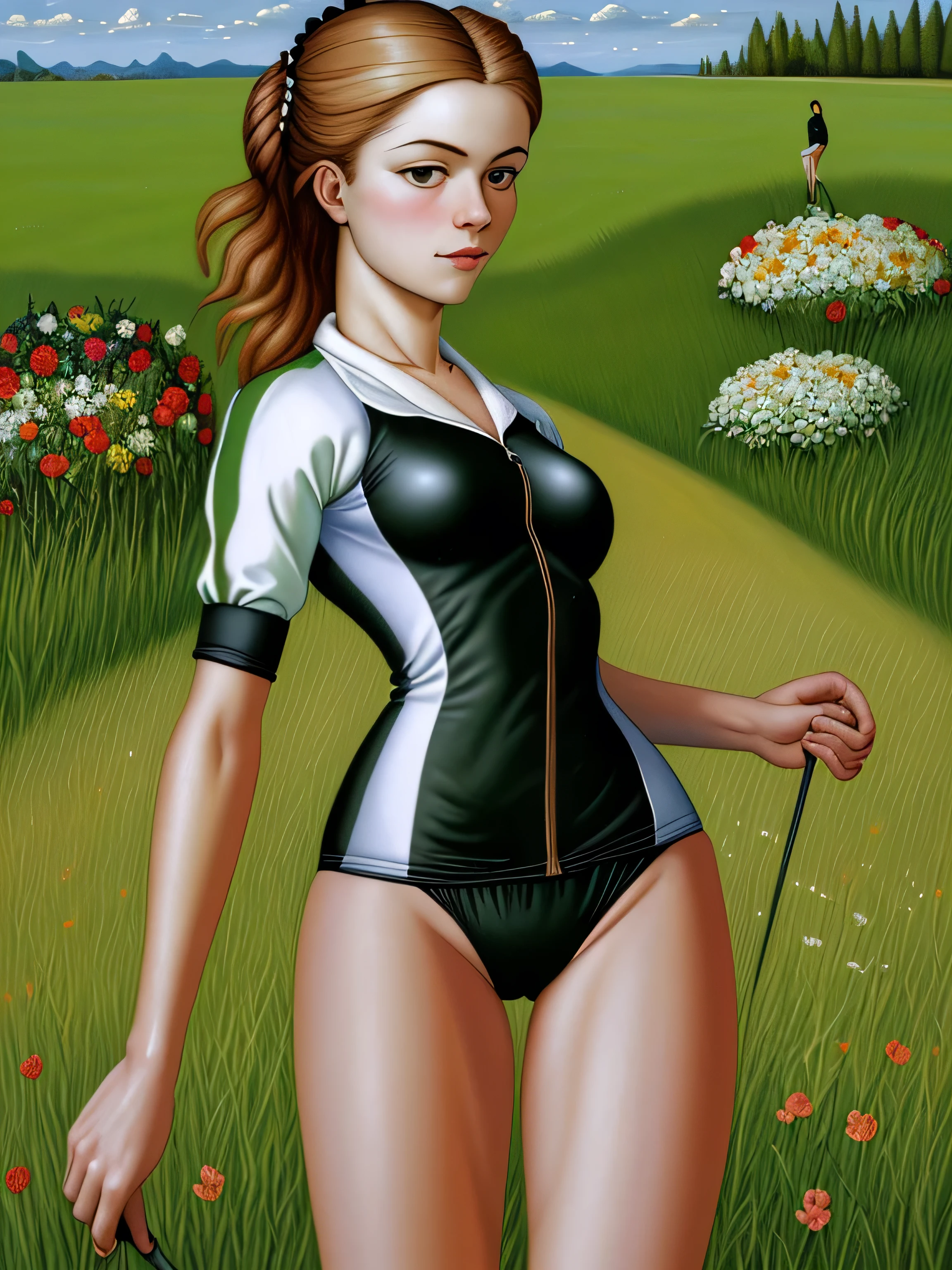 Oil painting by contemporary Lucas Cranach, A 21st century woman climbs the grass in a bloomer-style gym suit, high resolution, high quality, masterpiece, no frame