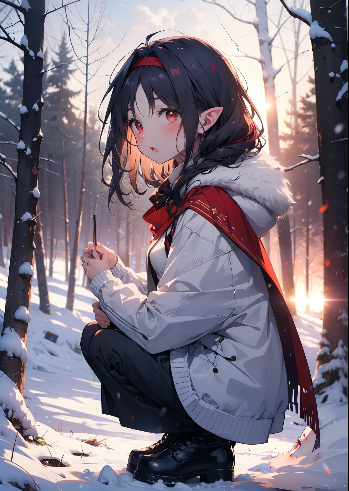 yuukikonno, Yuki Konno, hair band, Long Hair, Pointed Ears, Purple Hair, (Red eyes:1.5), (Small breasts:1.2),blush,White Breath, Open your mouth,snow, Bonfire, Outdoor, boots, snowing, From the side, 地面でBonfireをしている,wood, suitcase, Cape, Blurred, forest, nature, Brown eyes, , Squat, Mouth closed, ,Cape, winter, Written boundary depth, Black shoes, red Cape
break looking at viewer, Upper Body, whole body,
break Outdoor, forest, nature,
break (masterpiece:1.2), highest quality, High resolution, unity 8k wallpaper, (shape:0.8), (Beautiful and beautiful eyes:1.6), Highly detailed face, Perfect lighting, Extremely detailed CG, (Perfect hands, Perfect Anatomy),