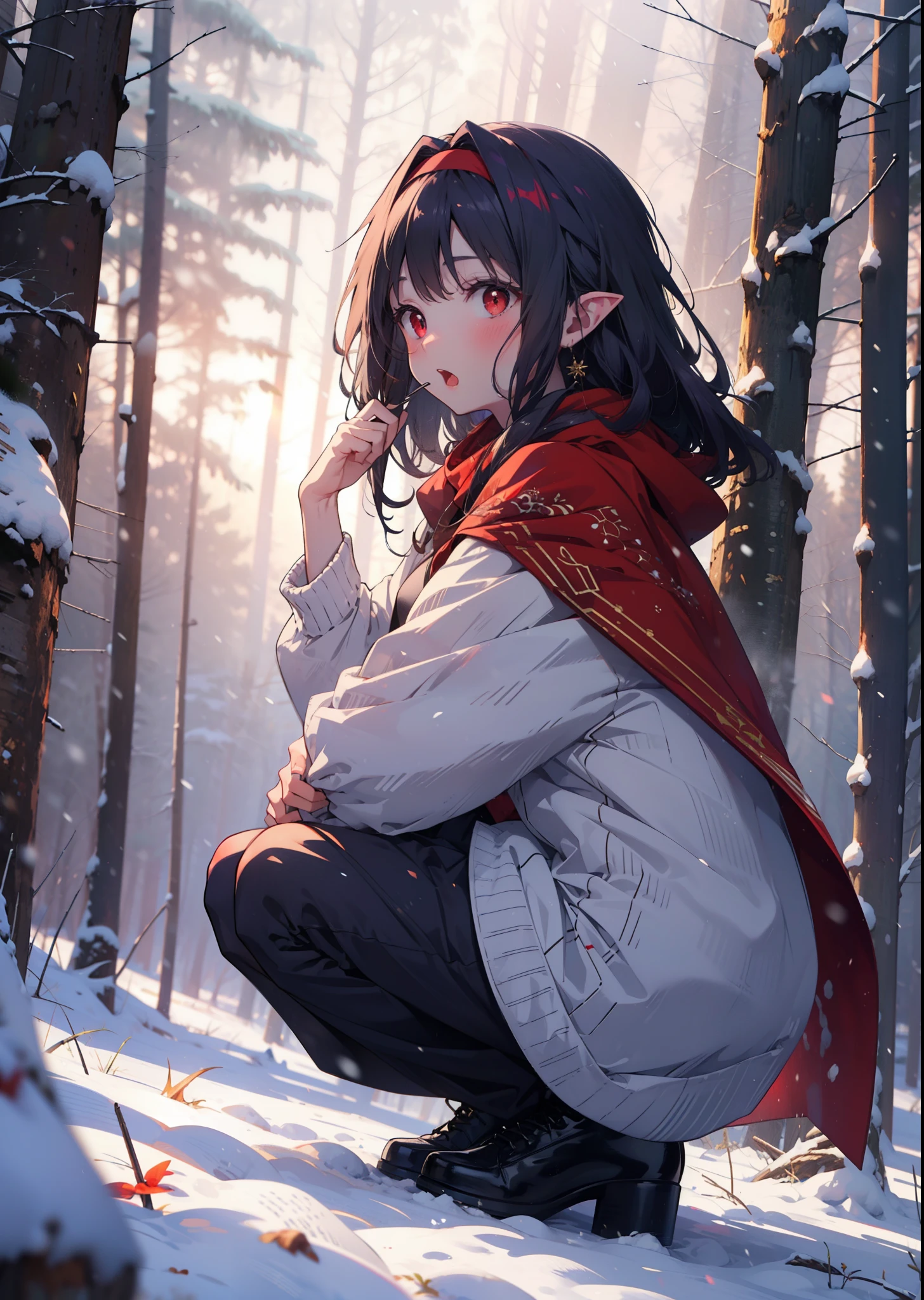 yuukikonno, Yuki Konno, hair band, Long Hair, Pointed Ears, Purple Hair, (Red eyes:1.5), (Small breasts:1.2),blush,White Breath, Open your mouth,snow, Bonfire, Outdoor, boots, snowing, From the side, 地面でBonfireをしている,wood, suitcase, Cape, Blurred, forest, nature, Brown eyes, , Squat, Mouth closed, ,Cape, winter, Written boundary depth, Black shoes, red Cape
break looking at viewer, Upper Body, whole body,
break Outdoor, forest, nature,
break (masterpiece:1.2), highest quality, High resolution, unity 8k wallpaper, (shape:0.8), (Beautiful and beautiful eyes:1.6), Highly detailed face, Perfect lighting, Extremely detailed CG, (Perfect hands, Perfect Anatomy),