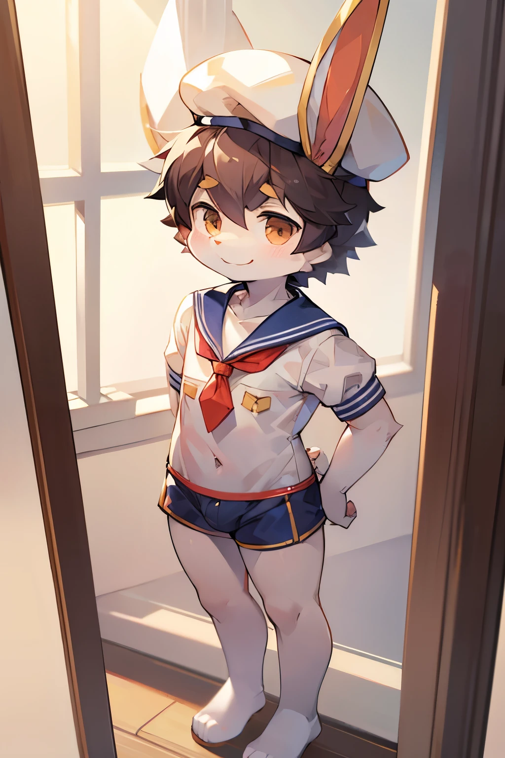 bunny boy,Bunny ears,furry men,Male focus,Short stature,Cute appearance,Sailor hat,Sailor Suit,shorts,Standing,Smile