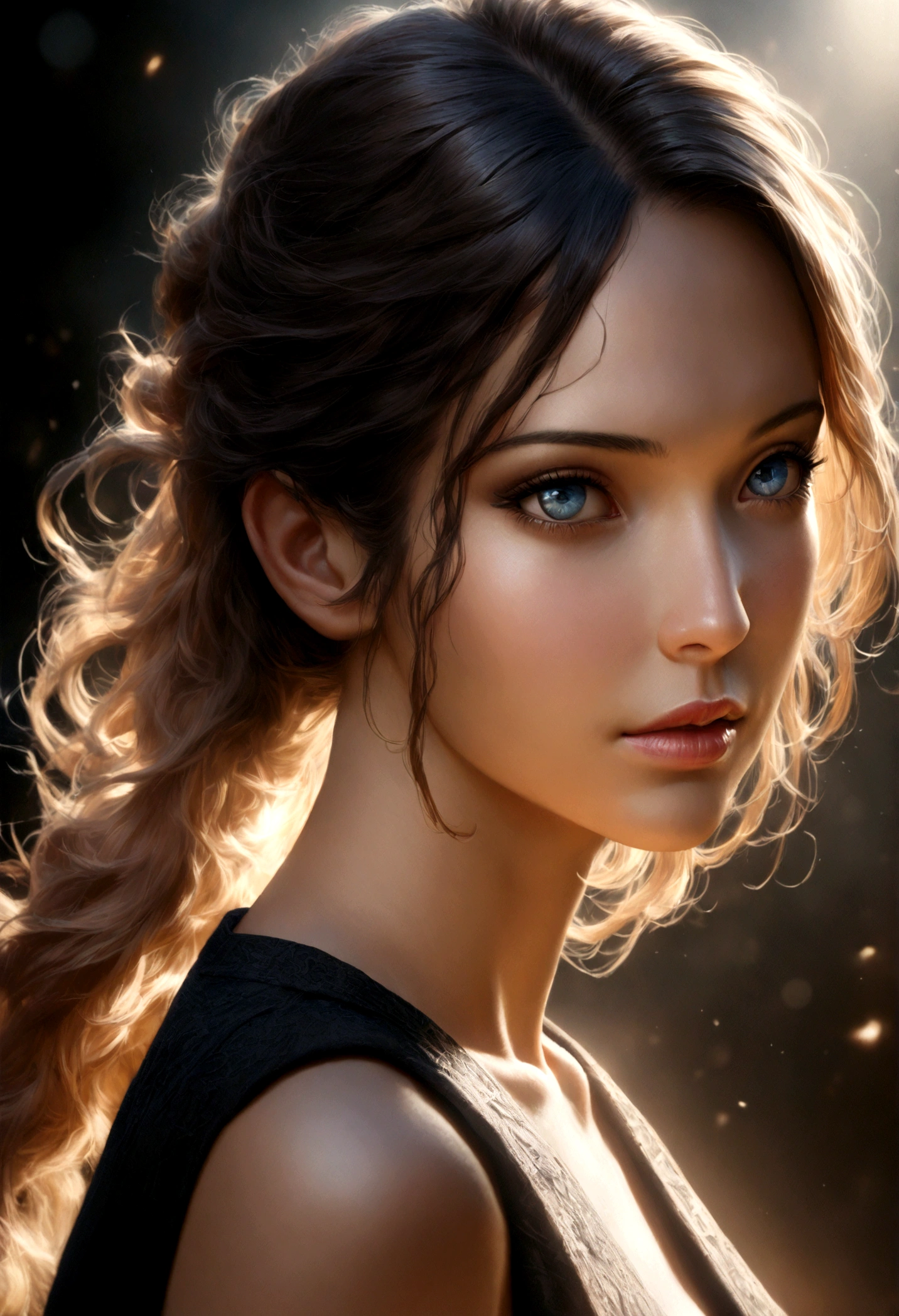 a beautiful 29 year old woman with long wavy brown hair, blue eyes, flawless face, professional makeup as a model, wearing a black latina top, (best quality,4k,8k,highres,masterpiece:1.2),ultra-detailed,(realistic,photorealistic,photo-realistic:1.37),beautiful detailed eyes,beautiful detailed lips,extremely detailed eyes and face,longeyelashes,elegant,graceful,serene expression,dramatic lighting,cinematic,highly detailed