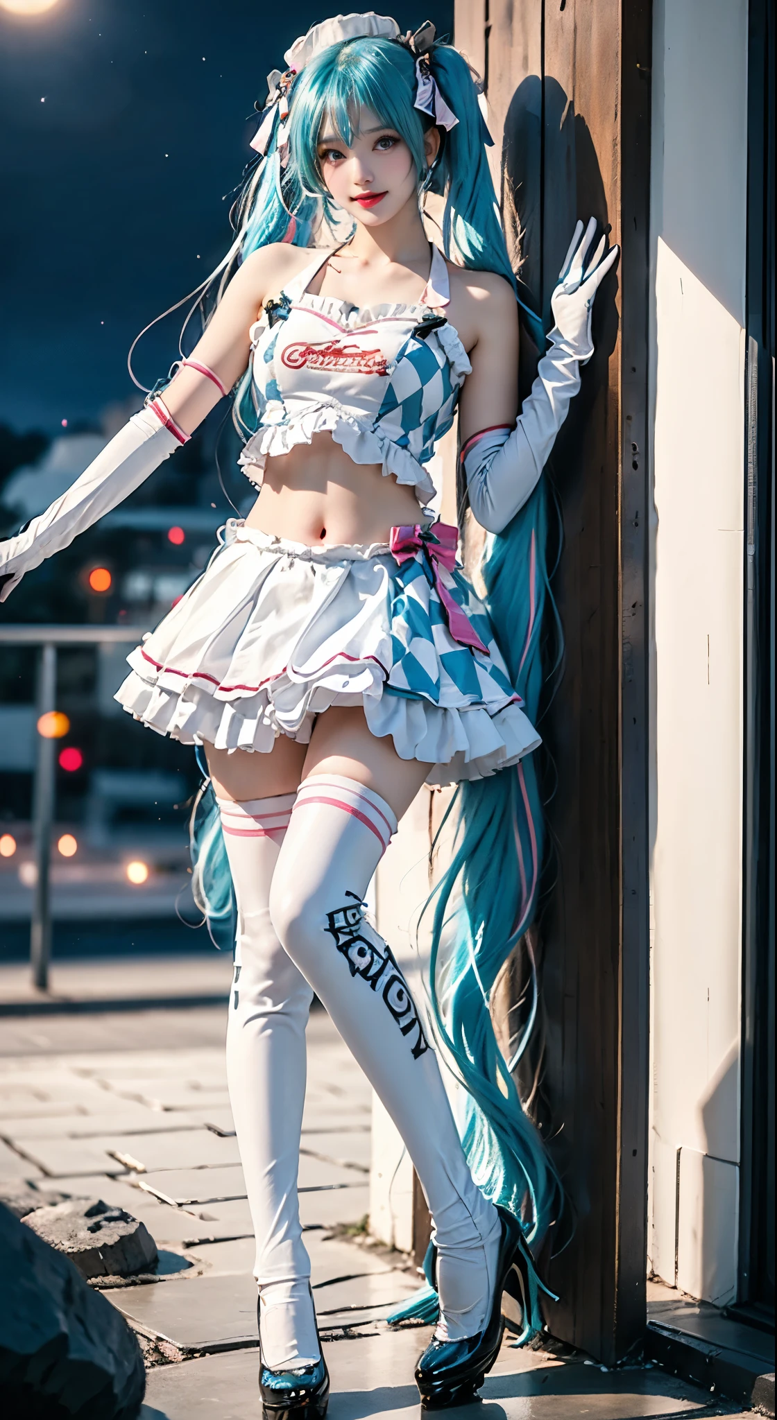 hatsune miku cosplay costume, hatsune miku, racing miku, cosplay, aqua hair, twintails, very long hair, crop top, checkered clothes, midriff, navel, multicolored gloves, elbow gloves, hair ribbon, ribbon, hat, skirt, frilled skirt, thighhighs, print legwear, high heels, ((Bare shoulders)), ((whole body)), Practical, Fashion Girl, red lips, Mature women, cosmetic, big eyes, beautiful eyes, ((whole body)), ((from below)), (best quality, masterpiece:1.2), Super detailed, (Practical:1.37), ((Sexy long legs)), beautiful, Young and energetic, Charming model with, Large Breasts, cleveage, (Delicateeyes, Detailed lips, extremely Delicateeyes), Show a bright smile, Create stunning girl images, warm color, Extremely high color saturation, Official Art, Extremely detailed CG unified 8k wallpaper,(High Dynamic Range :1.4), (Movie),(Soft colors, Dull Color, Soothing tone :1.3), (Natural skin texture, ultra-Practical, Soft Light, sharp),(Very detailed), night, moonlight, ((In the mountains, plant, Leaning against the rocks))