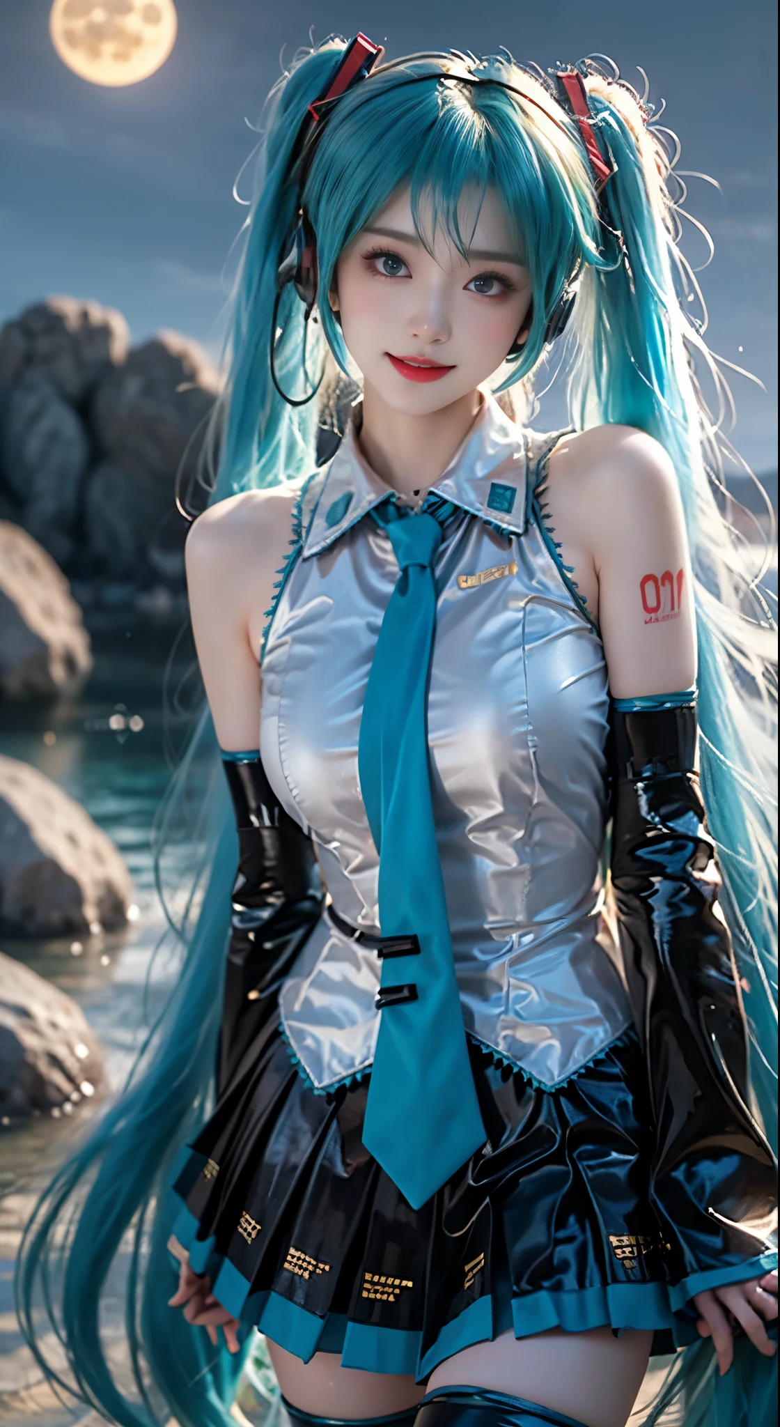 hatsune miku cosplay costume, hatsune miku, cosplay, aqua hair, twintails, very long hair, hair ornament, headphones, headset, shirt, skirt, pleated skirt, necktie, aqua necktie, detached sleeves, tattoo, thigh boots ((Bare shoulders)), ((whole body)), Practical, Fashion Girl, red lips, Mature women, cosmetic, big eyes, beautiful eyes, ((whole body)), ((from below)), (best quality, masterpiece:1.2), Super detailed, (Practical:1.37), ((Sexy long legs)), beautiful, Young and energetic, Charming model with, Large Breasts, cleveage, (Delicateeyes, Detailed lips, extremely Delicateeyes), Show a bright smile, Create stunning girl images, warm color, Extremely high color saturation, Official Art, Extremely detailed CG unified 8k wallpaper,(High Dynamic Range :1.4), (Movie),(Soft colors, Dull Color, Soothing tone :1.3), (Natural skin texture, ultra-Practical, Soft Light, sharp),(Very detailed), night, moonlight, ((In the mountains, plant, Leaning against the rocks))