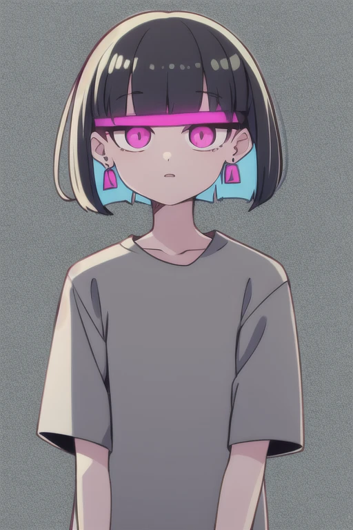 pink eyes, nirachan, earrings, bob cut, grey shirt,
standing, upper body, pattern on shirt,
 (high quality:1.1), (high resolution:1.1), 4k, 1girl, blindfolded