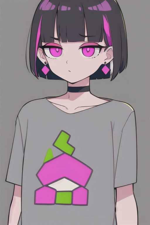 pink eyes, nirachan, earrings, bob cut, grey shirt,
standing, upper body, pattern on shirt,
 (high quality:1.1), (high resolution:1.1), 4k, 1girl, blindfolded