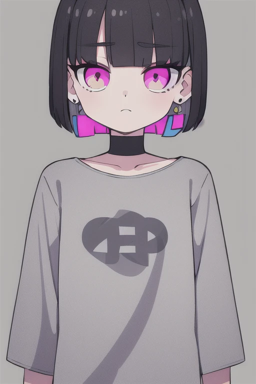 pink eyes, nirachan, earrings, bob cut, grey shirt,
standing, upper body, pattern on shirt,
 (high quality:1.1), (high resolution:1.1), 4k, 1girl, blindfolded