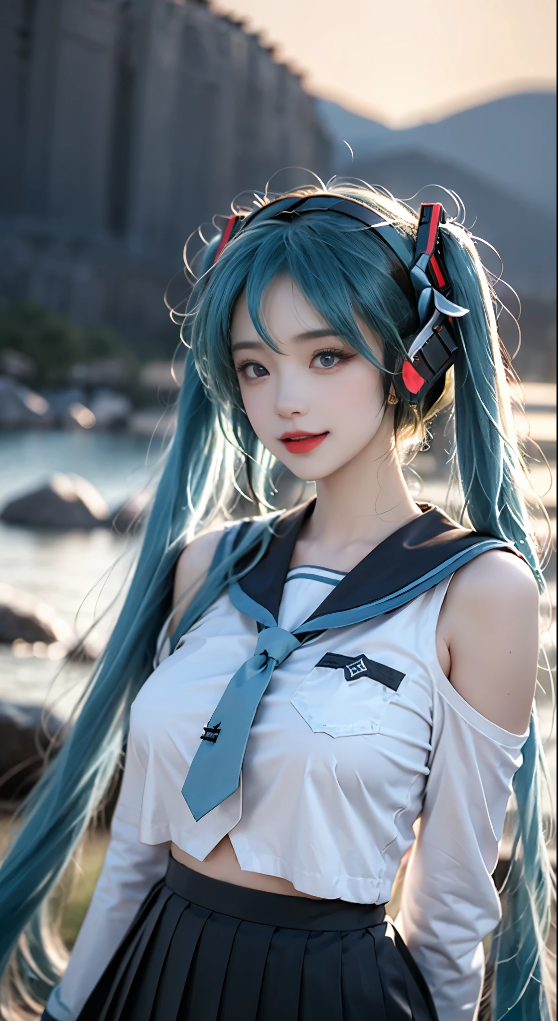 hatsune miku, cosplay, aqua hair, twintails, hair ornament, very long hair, headphones, alternate costume, , sailor collar, serafuku, shirt, long sleeves, necktie, skirt, pleated skirt ((Bare shoulders)), ((whole body)), Practical, Fashion Girl, red lips, Mature women, cosmetic, big eyes, beautiful eyes, ((whole body)), ((from below)), (best quality, masterpiece:1.2), Super detailed, (Practical:1.37), ((Sexy long legs)), beautiful, Young and energetic, Charming model with, Large Breasts, cleveage, (Delicateeyes, Detailed lips, extremely Delicateeyes), Show a bright smile, Create stunning girl images, warm color, Extremely high color saturation, Official Art, Extremely detailed CG unified 8k wallpaper,(High Dynamic Range :1.4), (Movie),(Soft colors, Dull Color, Soothing tone :1.3), (Natural skin texture, ultra-Practical, Soft Light, sharp),(Very detailed), night, moonlight, ((In the mountains, plant, Leaning against the rocks))