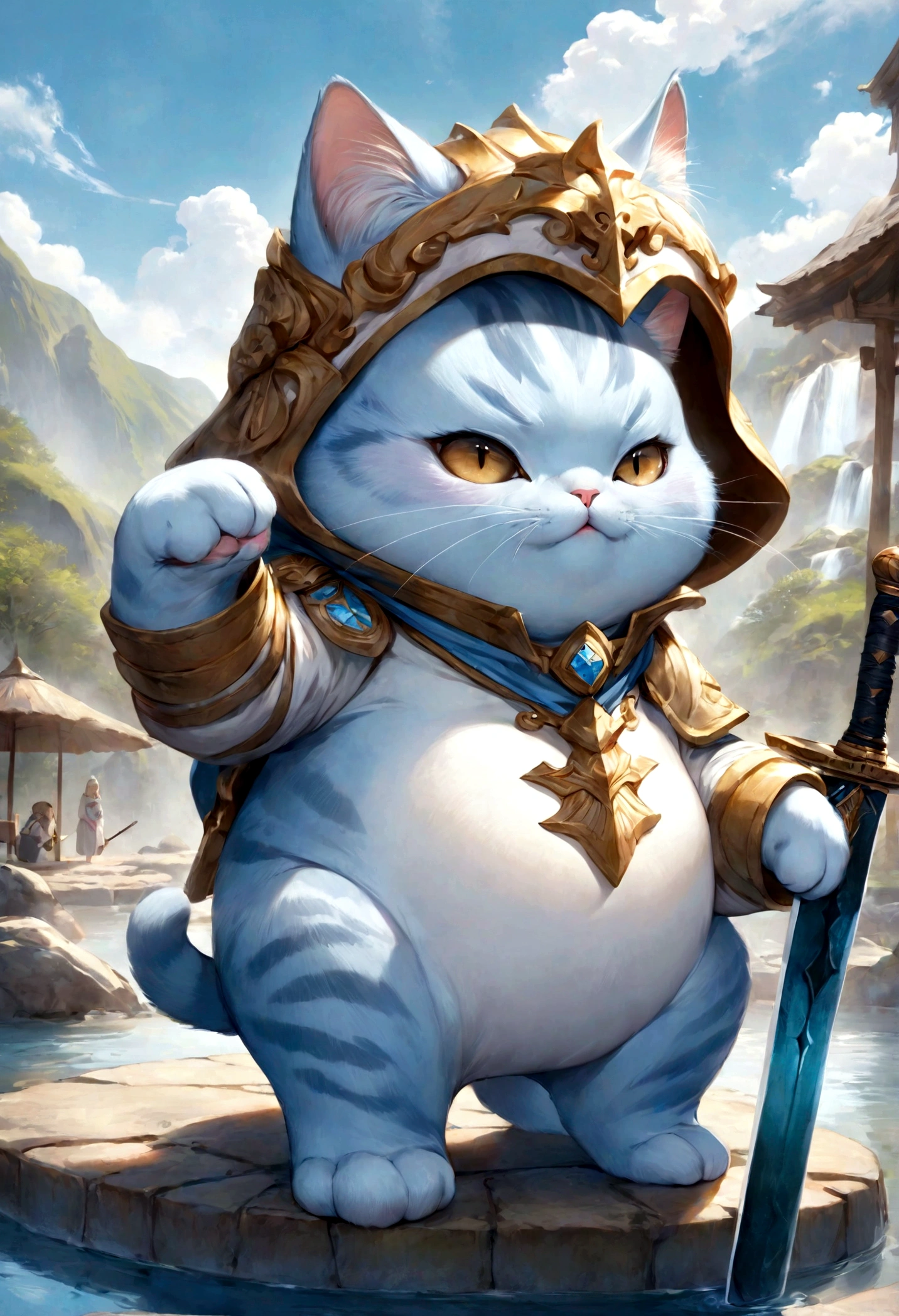 cute adorable fatty lightblue cat, Paladin with sword, hot spring, write word "UNC" on forehead, adorable digital painting, realistic fantasy art, beautiful digital art
