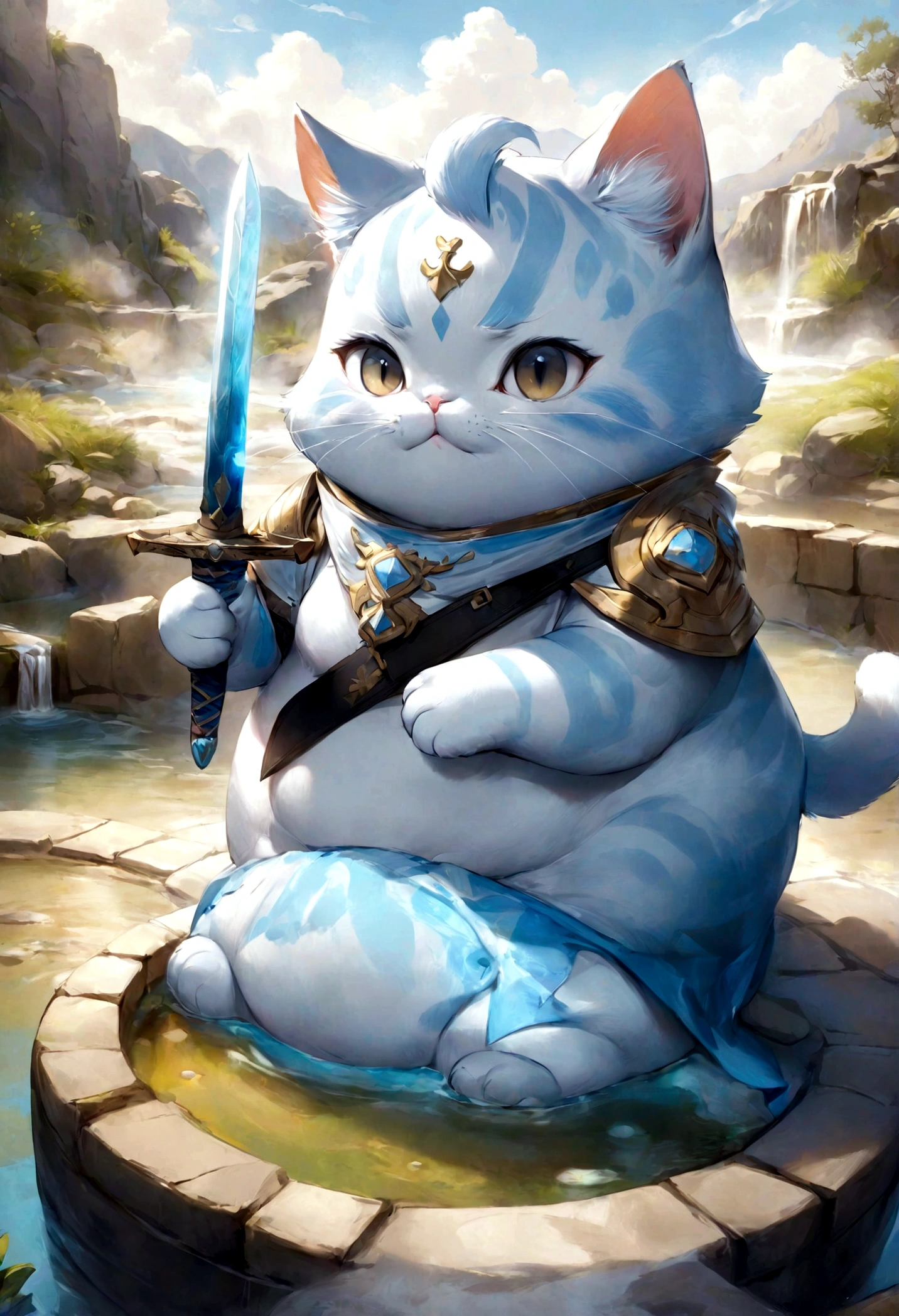 cute adorable fatty lightblue cat, Paladin with sword, hot spring, write word "UNC" on forehead, adorable digital painting, realistic fantasy art, beautiful digital art