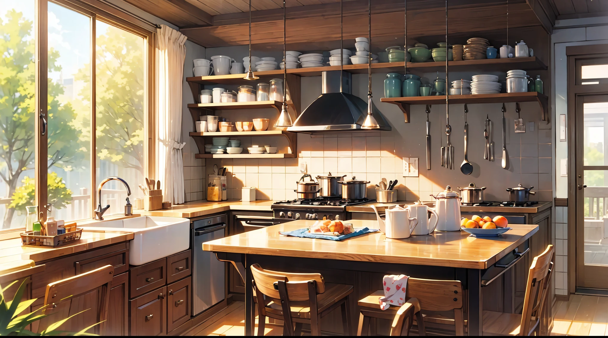 (masterpiece:1.2), best quality,pixiv,Warm animated scenes,cozy anime, Sunlight,kitchen