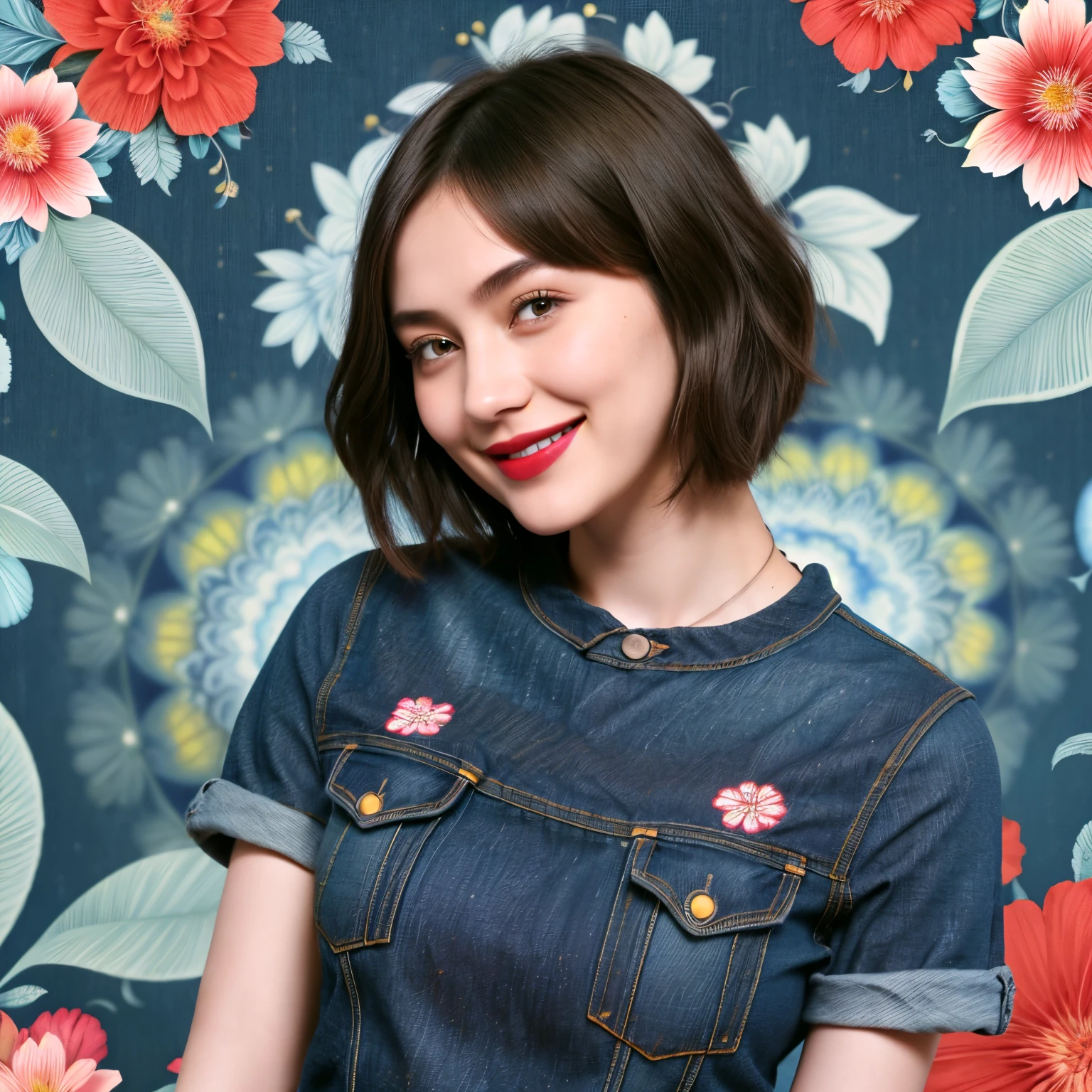 239 18-year-old female, short hair, (Jeans andT-shirt), A kind smile, lipstick, (Floral Background、Fractal Patterns)